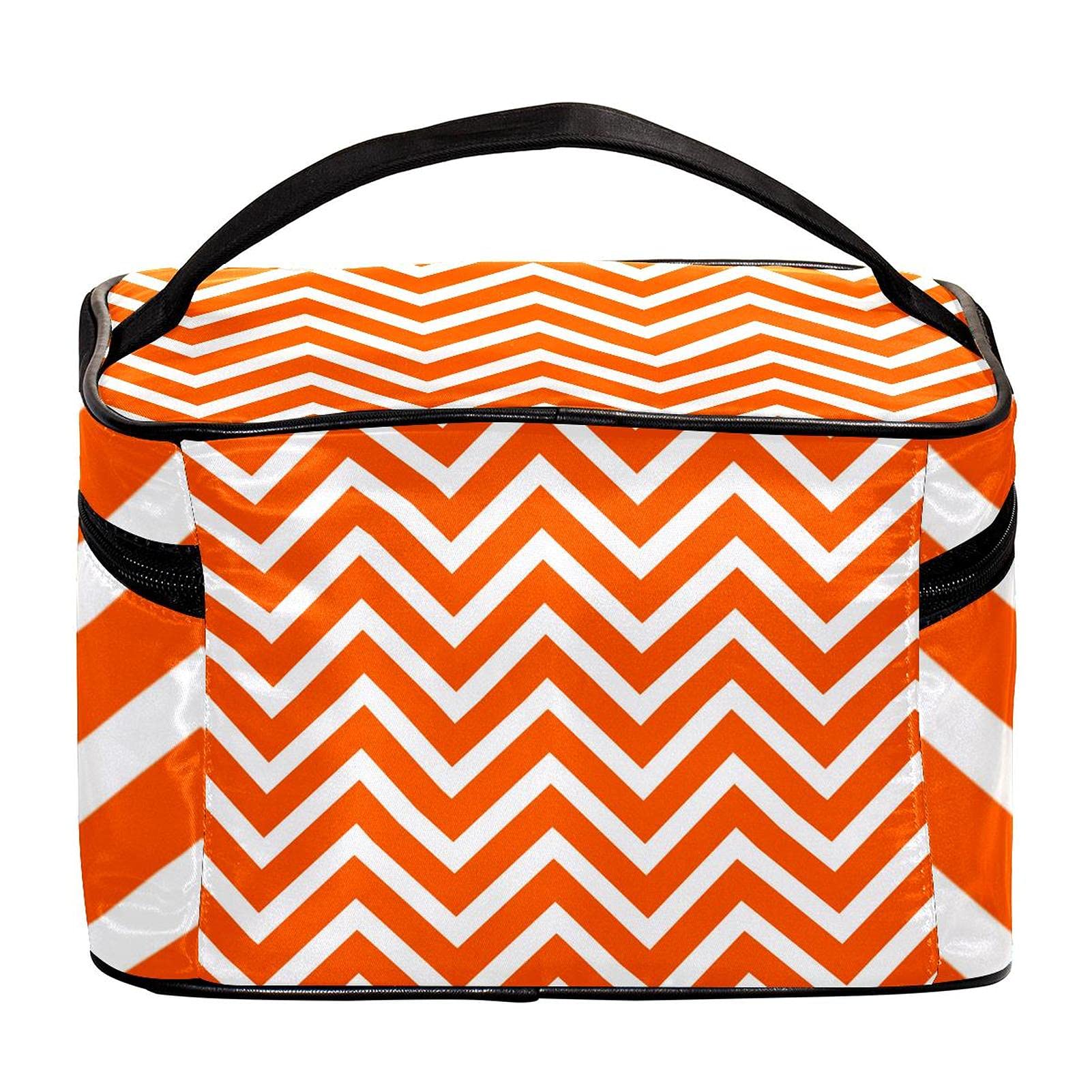 Orange Chevron Striped Large Travel Makeup Bag - Waterproof Cosmetic Organizer with Zipper for Women & Girls | Perfect for Vacation, Gym, Beach Trips & Daily Use