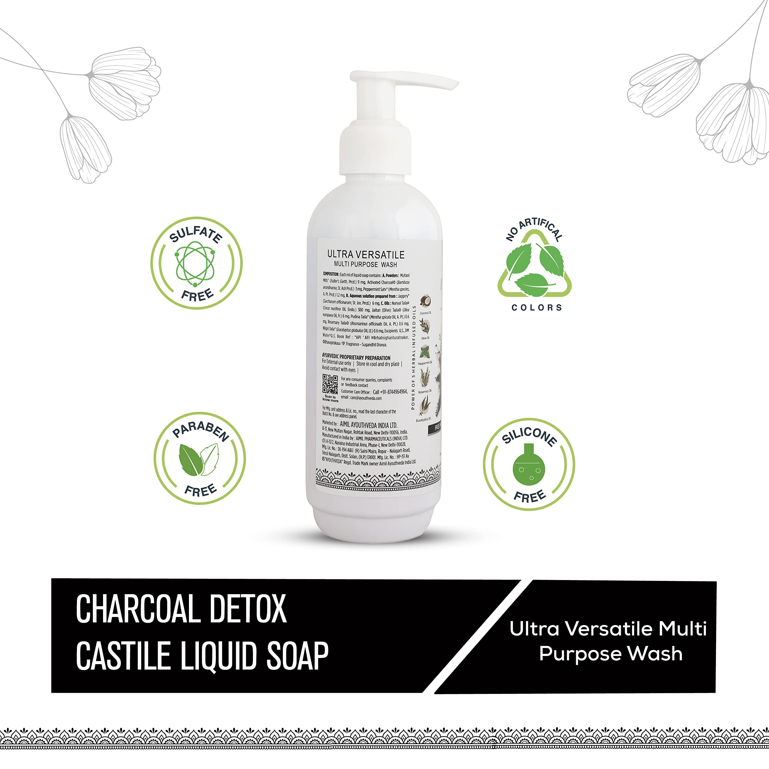 Ayouthveda Charcoal Detox Castile Liquid Soap - 4 in 1 Multipurpose Face & Body Wash | Deep Cleansing & Detoxifying | Germ Protection | 200ml (Pack of 1) | Perfect for Daily Skincare, Acne Treatment & Sensitive Skin Care