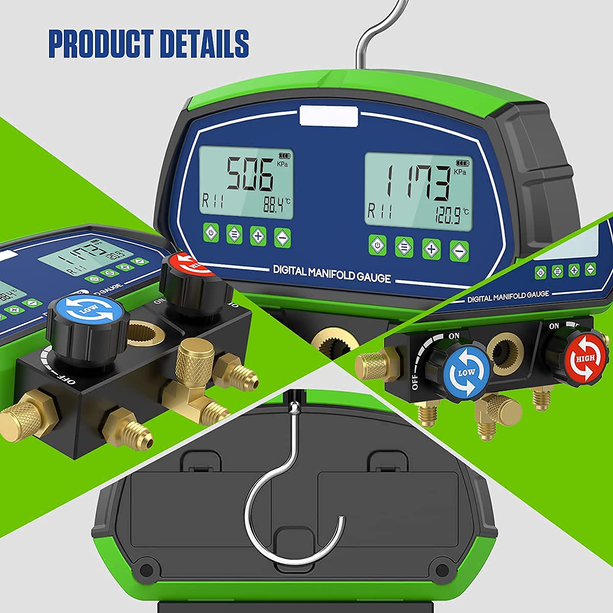 Digital Manifold Dual Gauge Set HVAC - Professional Refrigeration Vacuum Pressure Temperature Leakage Tester with 3 Modes for 90+ Refrigerants - Ideal for HVAC Technicians, AC Repair & Refrigerant Charging