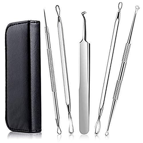 Professional 5-Piece Stainless Steel Blackhead & Acne Remover Kit - Grey990 Pimple Extractor Tools for Face & Nose Blemish Care | Durable Comedone Tweezers for Skincare & Spa Use