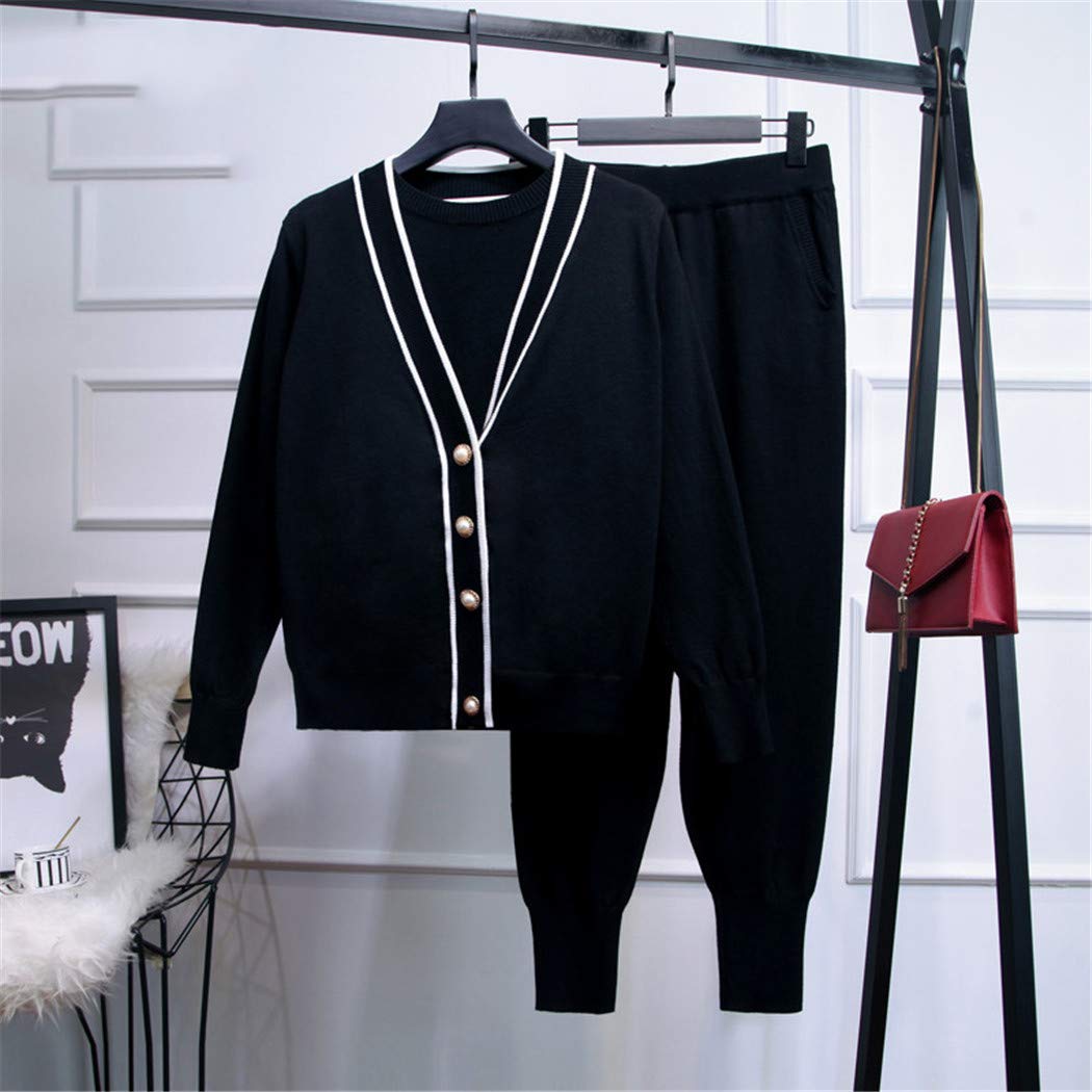 Women's Winter Fashion 3-Piece Set - Pearl Button T-Shirt, Patchwork Knitted Cardigan & Comfortable Pants | Cozy Outfit for Office, Dating & Casual Wear