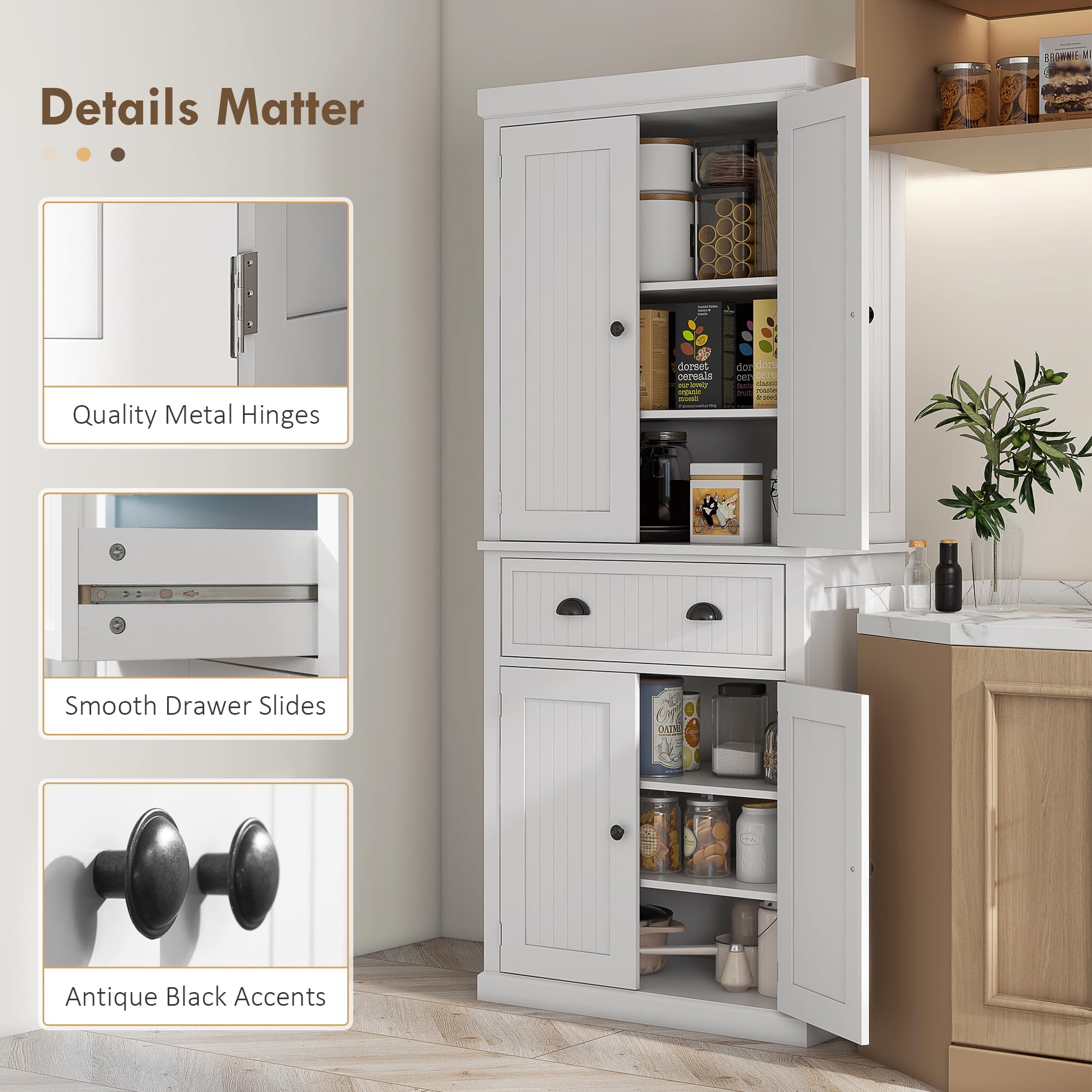 HOMCOM 183cm Freestanding Kitchen Cupboard - 4-Door Tall Storage Cabinet with 3 Adjustable Shelves, White Traditional Pantry for Dining Room & Kitchen Organization | Perfect for Small Spaces, Apartment Living & Home Storage Solutions