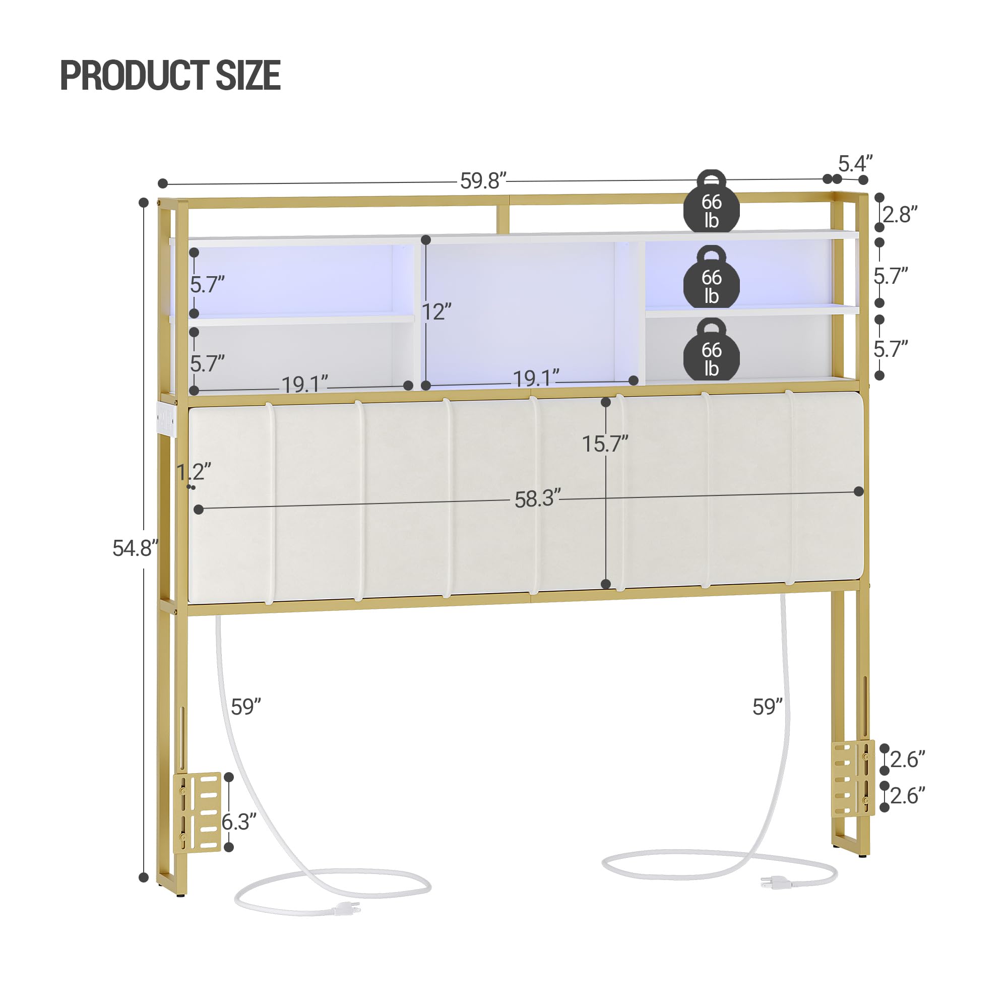 Velvet Upholstered Queen Size Headboard with 3-Tier Storage Shelves, 2 Outlets & USB Ports, LED Light - Soft Backrest in White & Gold (BH15203A) - Perfect for Bedroom Organization & Modern Home Decor