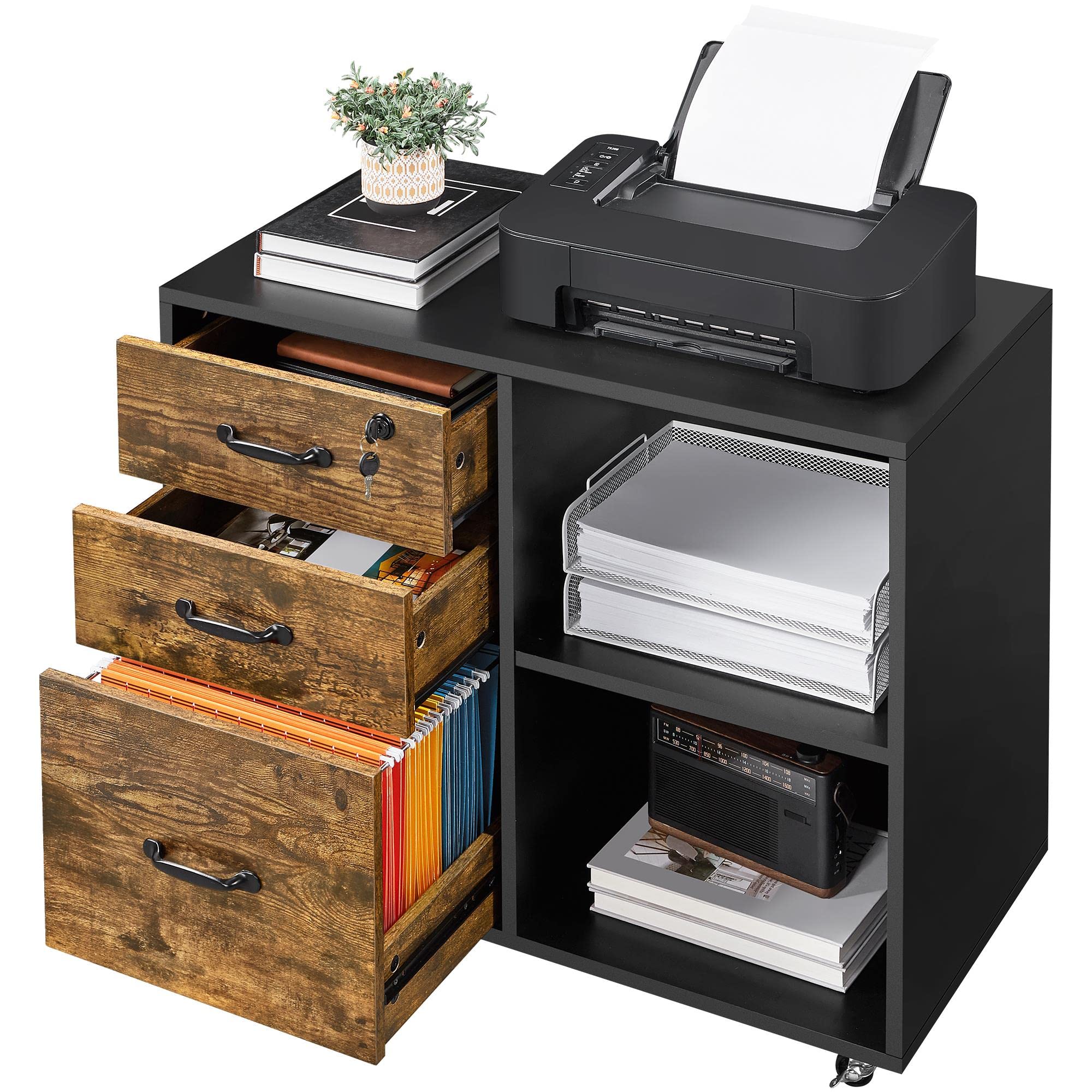 Yaheetech 3-Drawer Lockable Lateral File Cabinet for Letter & A4 Documents, Mobile Rolling Office Cabinet with 2 Open Shelves - Perfect for Home Office Organization, Black/Rustic Brown | Ideal for File Storage, Printer Stand & Workspace Organization