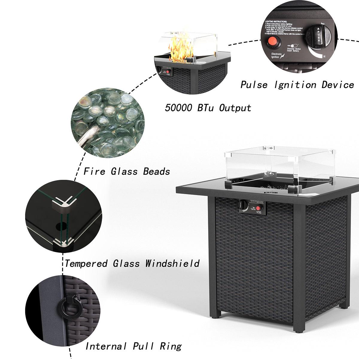 28 Inch Propane Fire Pit Table - 50,000 BTU Outdoor Gas Fire Pit with Rattan/Wicker Design & Tempered Glass Top - Includes Glass Windscreen for Patio, Backyard, Garden (Coffee Brown) - Perfect for Outdoor Entertaining, Camping & Cozy Evenings