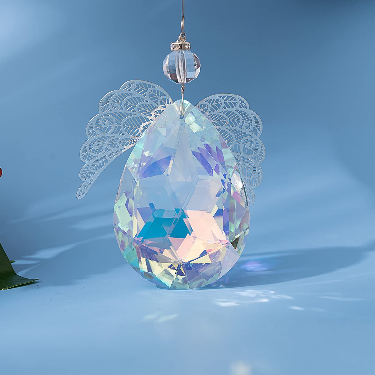 Haning Angel Wings Crystal Suncatcher Pendant - 76mm AB Coated Prism Drop for Windows, Home Decor, Wedding, Party, and Garden Ornament
