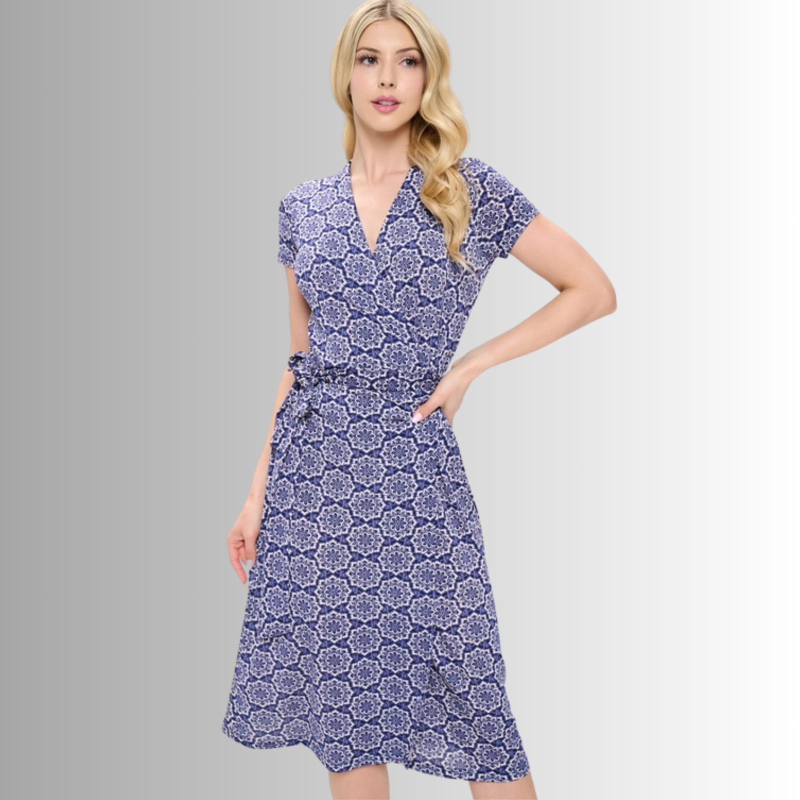 Elegant Navy Blue Floral Wrap Dress for Women - Comfortable Jersey Fabric, Perfect for Casual Outings, Parties & Summer Vacations