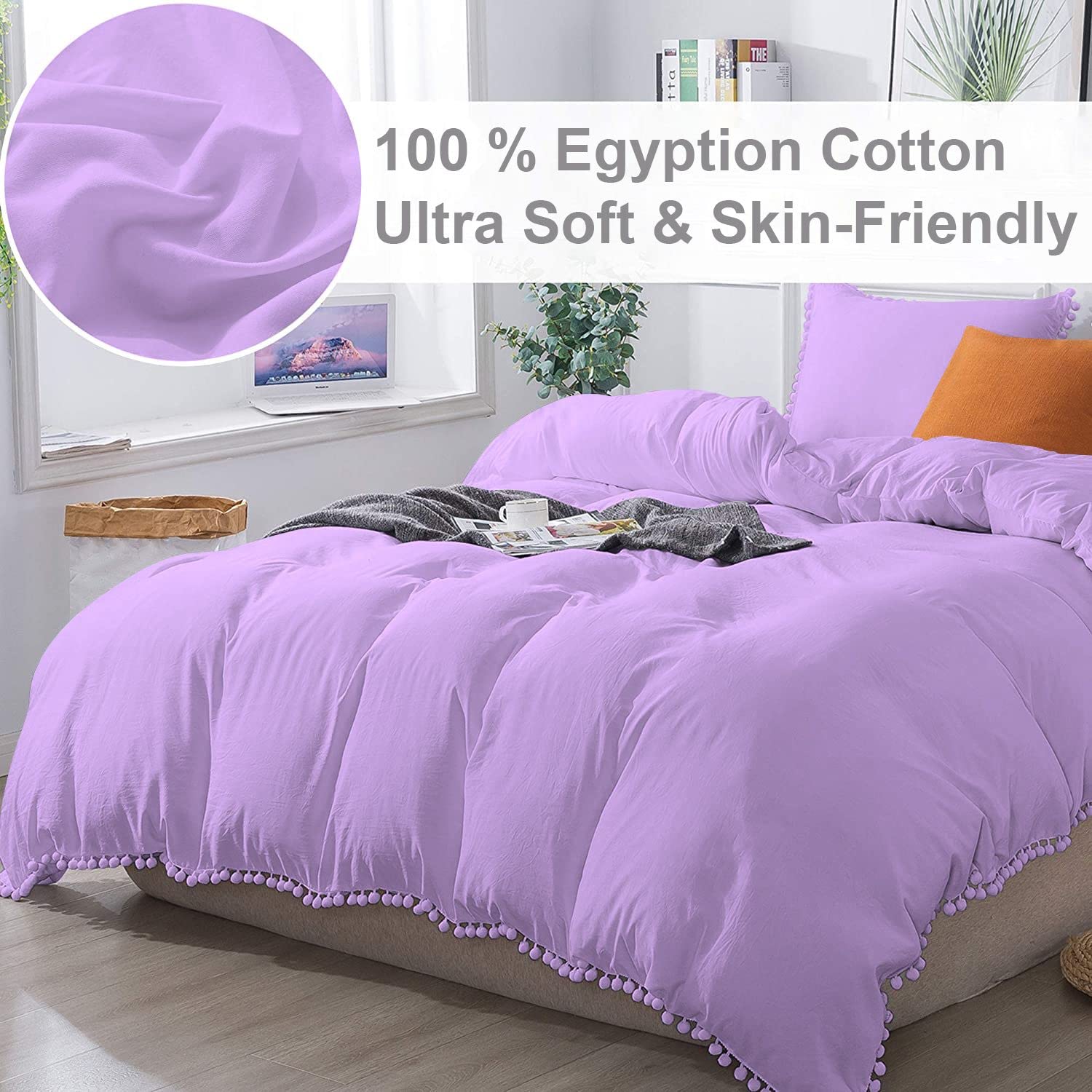 Modern Pom Fringe Duvet Cover Set - 3 Piece Bedding Set with Zipper Closure for Full/Queen Size Beds (Lilac) | Soft Down Comforter Cover for Cozy Bedrooms & Guest Rooms