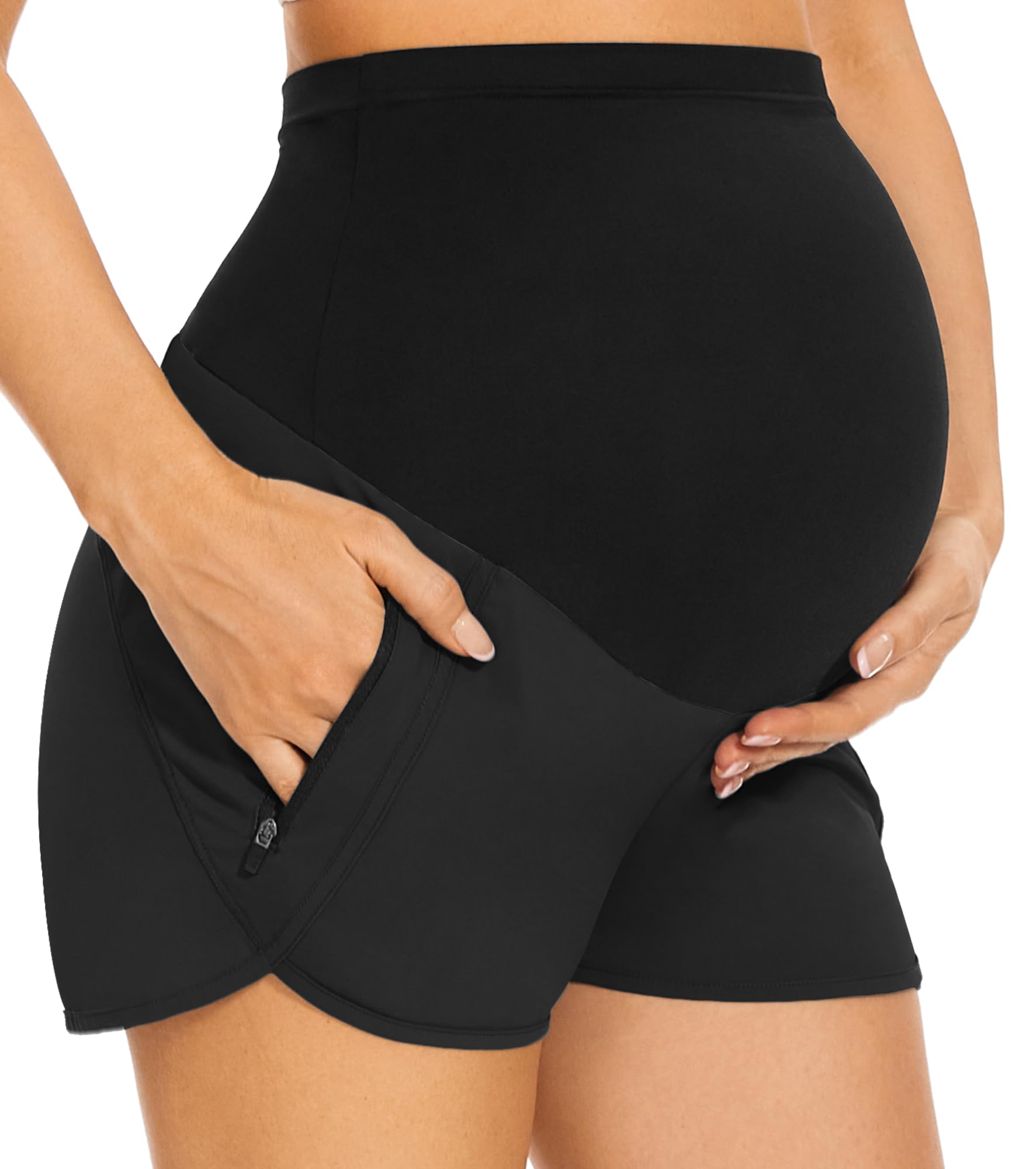 PACBREEZE Women's Maternity Shorts - Over Belly Quick Dry Workout Running Shorts with Zipper Pockets - Perfect for Pregnancy Yoga, Gym & Summer Outdoor Activities