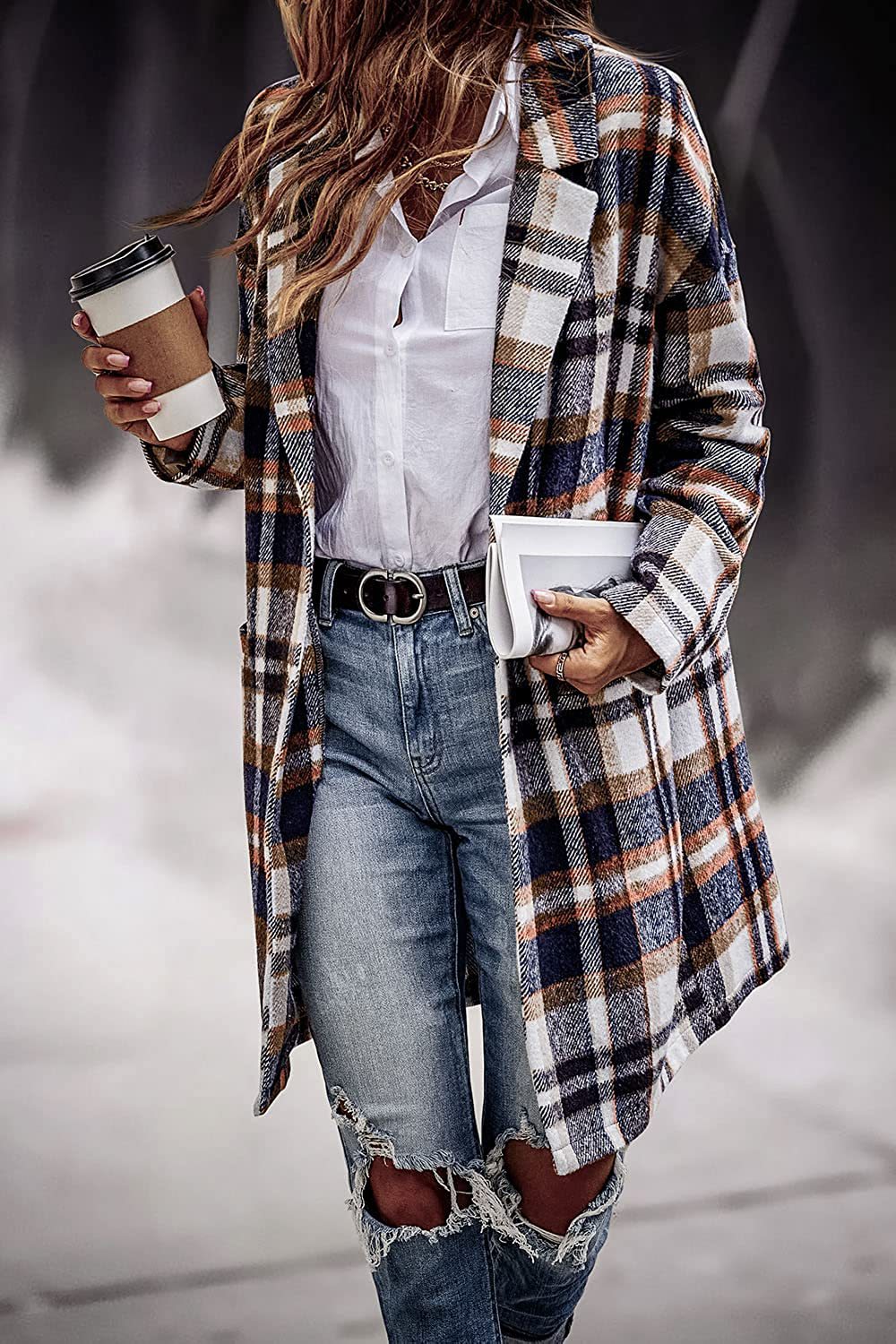 Stylish Women's Plaid Long Wool Coat with Pockets - Warm Turn-Down Collar Jacket for Autumn & Winter | Perfect for Outdoor Activities, Office Wear, and Casual Fashion