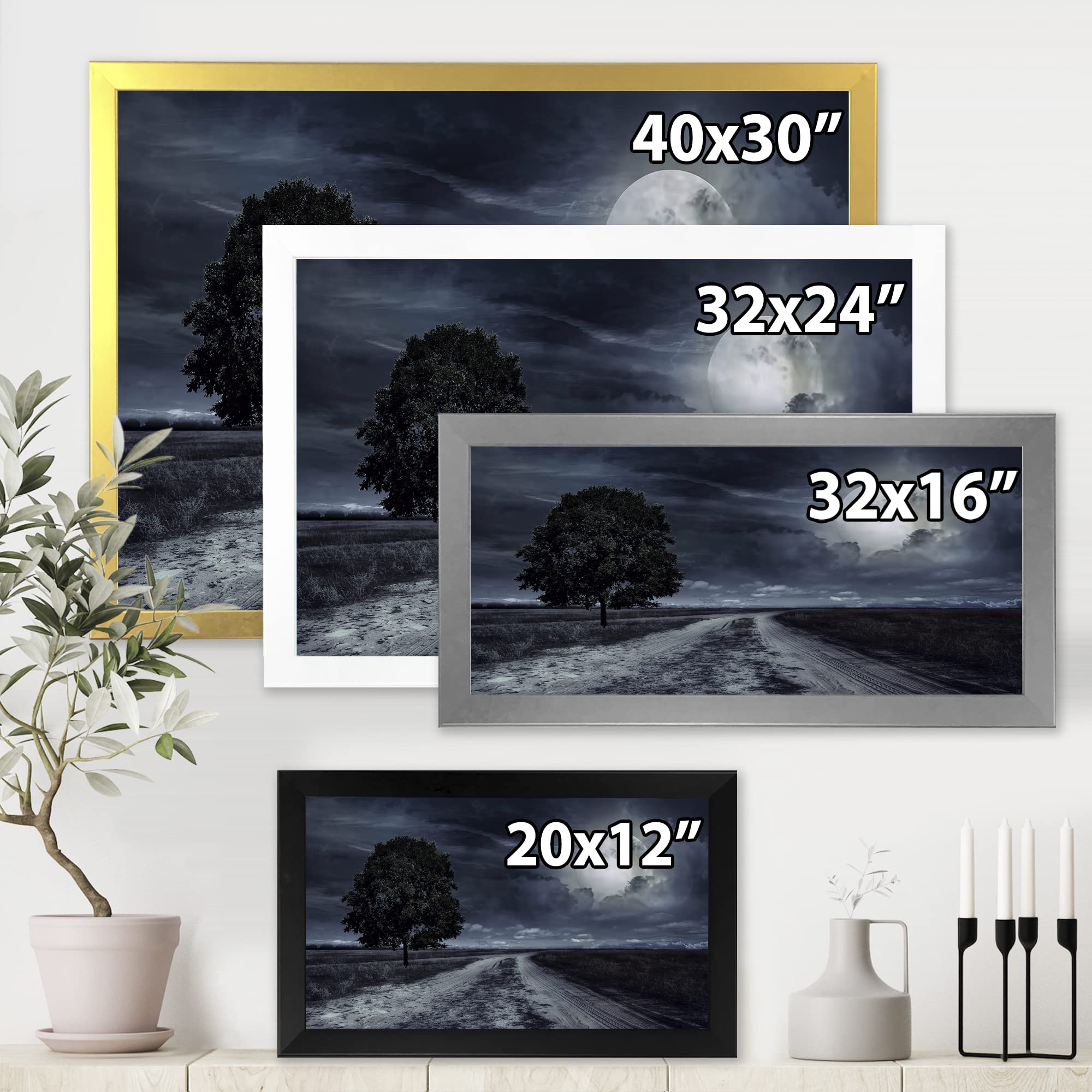 DesignQ Paved Road Under A Full Moon - Nautical & Coastal Framed Wall Art Print - Perfect for Beach House, Living Room, or Office Decor