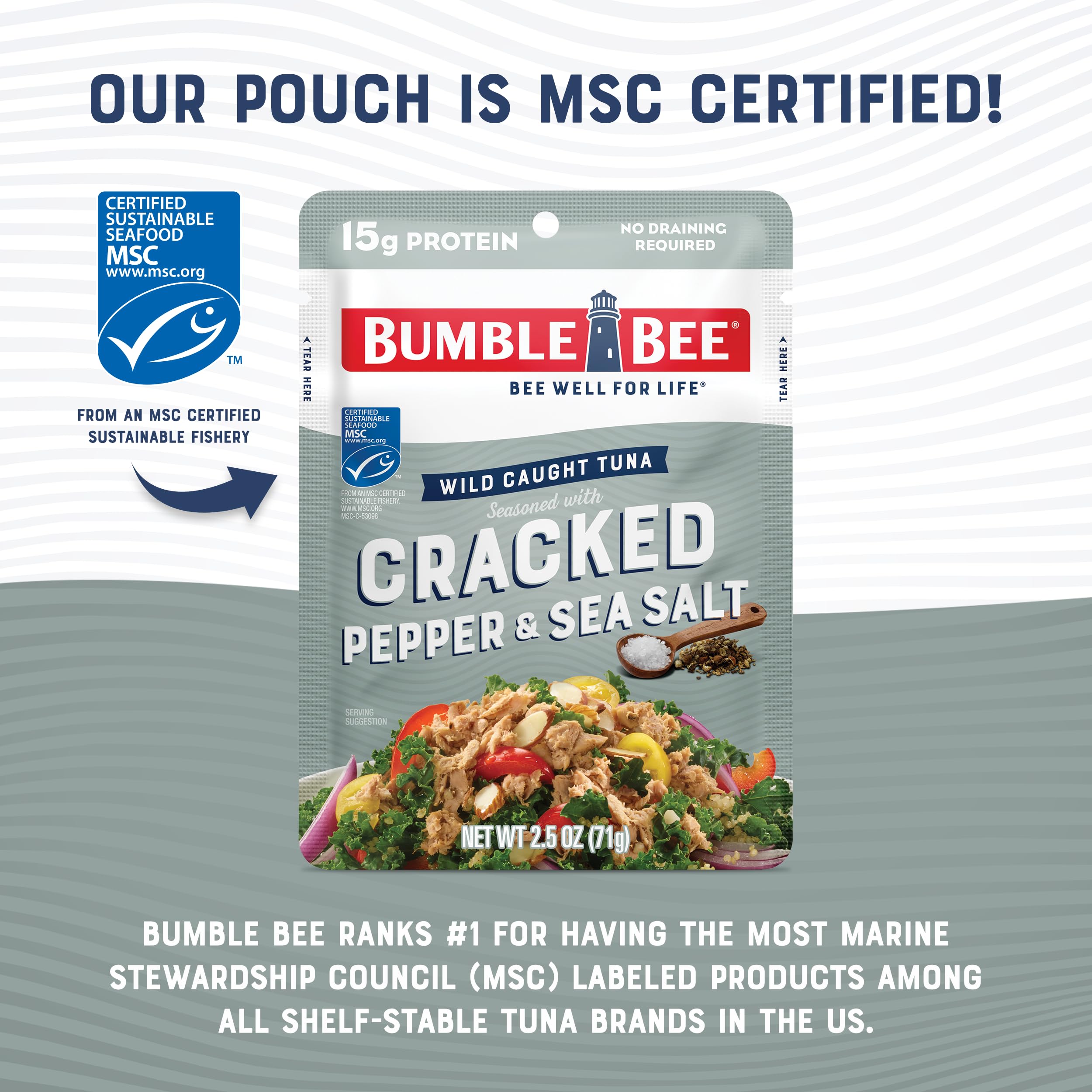 Bumble Bee Cracked Pepper & Sea Salt Seasoned Tuna, 2.5 oz Pouches (Pack of 12) - Wild Caught, Ready to Eat Tuna Packets - High Protein (15g per Serving), Gluten Free, Keto & Paleo Friendly - Perfect for Lunches, Camping, and Emergency Food Supply