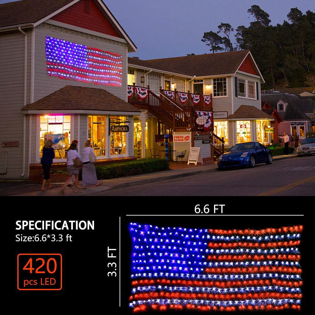 420 LED 24V Red White Blue American Flag Net Lights - Waterproof Patriotic Decorations for 4th of July, Independence Day, Memorial Day & Christmas - Perfect for Outdoor/Indoor Use on Houses, Fences, Trees & Parties