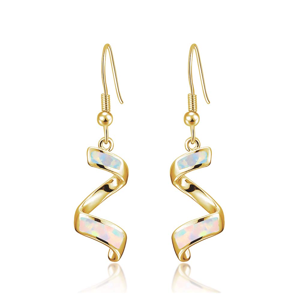CiNily Sterling Silver Plated Opal Dangle Drop Earrings for Women | Elegant Spiral Ribbon Hook Earrings with Birthstone | Perfect for Parties, Weddings & Everyday Wear