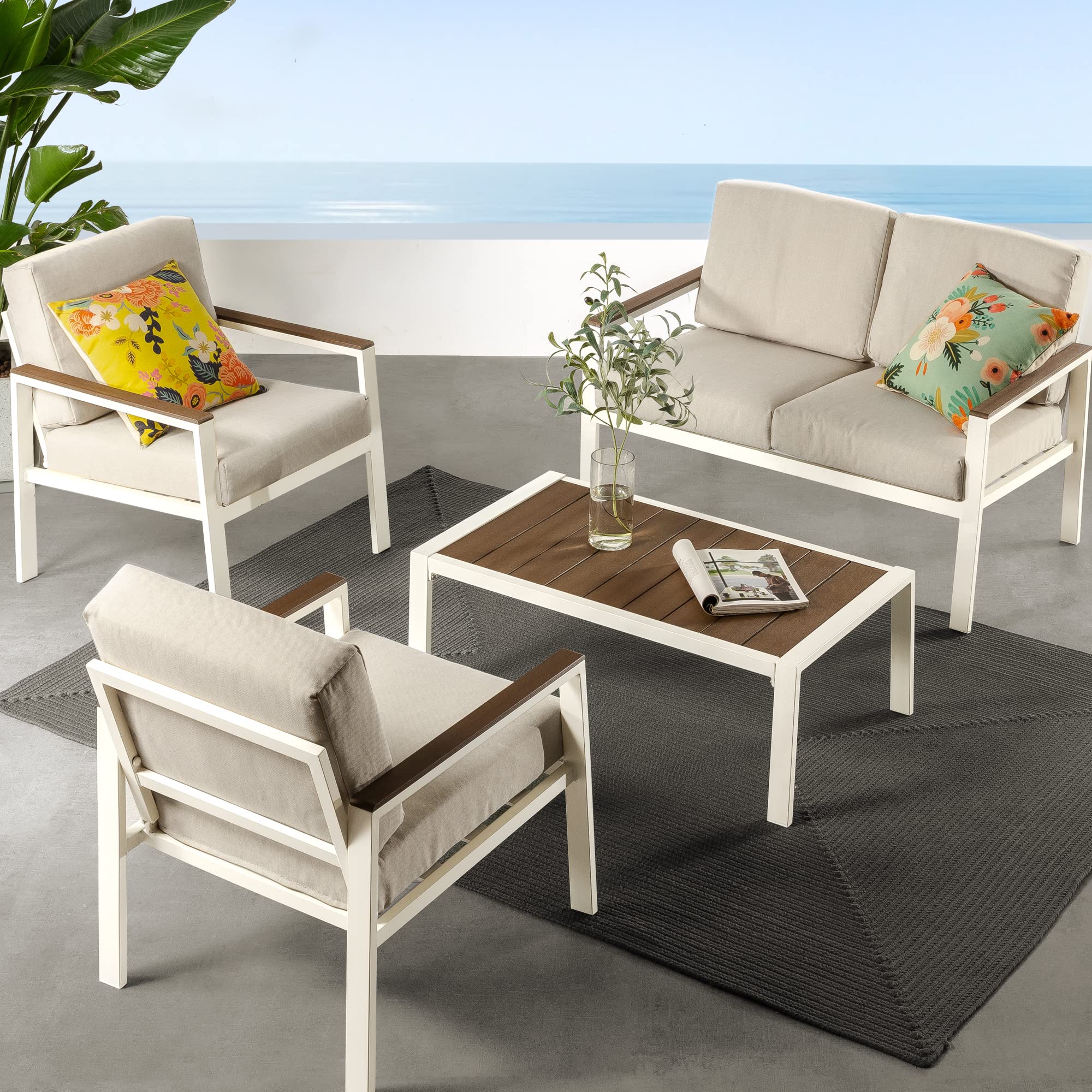 ZINUS Dillon 4-Piece Outdoor Patio Conversation Set - Aluminum & Poly Lumber, Weather-Resistant, Rust-Proof, Easy Assembly (White) - Perfect for Backyard, Garden, Poolside & Deck Relaxation