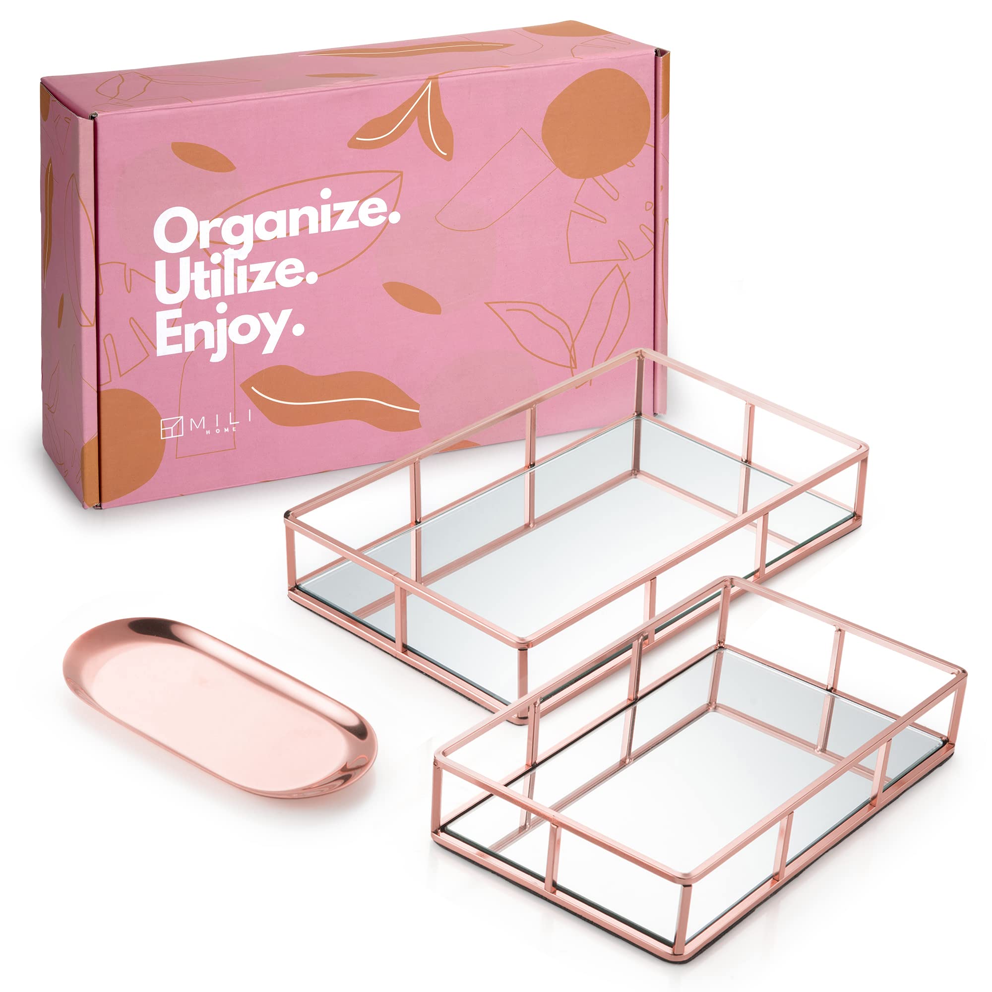 Rose Gold Vanity Tray with Mirror - Decorative Makeup Organizer for Jewelry & Perfume | Elegant Dresser Tray for Bathroom, Bedroom & Vanity Decor | Perfect for Cosmetics Storage & Home Display