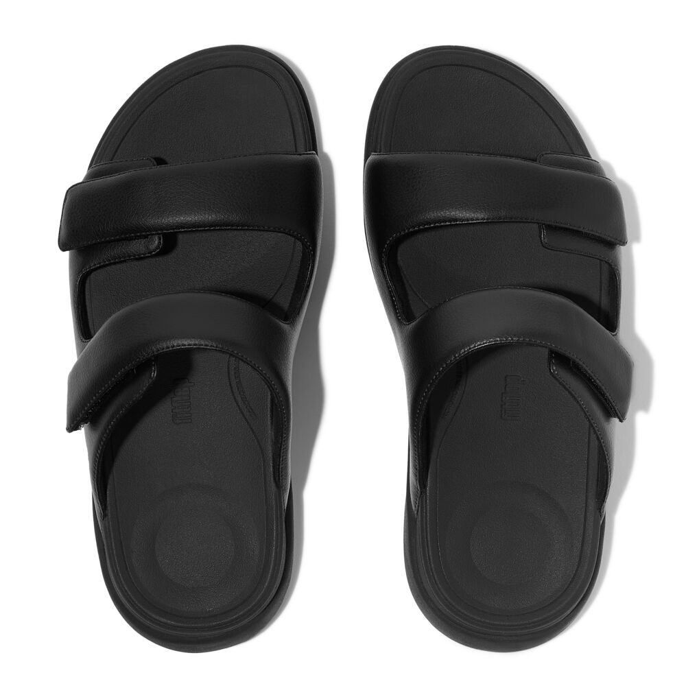 FitFlop Men's F-Mode Go Adjustable Two-Bar Slide Sandals - All Black | Comfortable & Supportive Footwear for Walking, Travel & Casual Wear