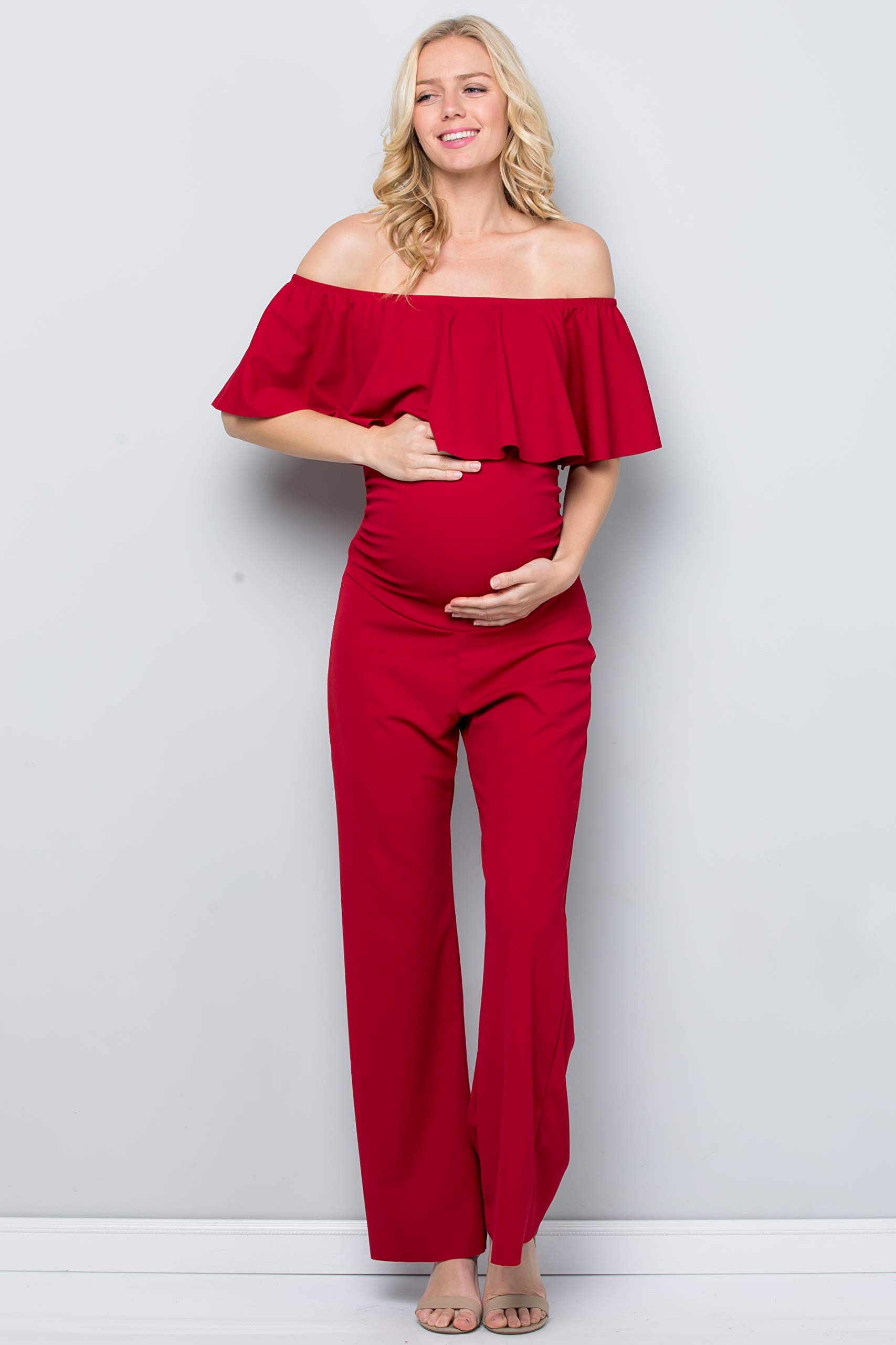 My Bump Maternity Ruffle Off Shoulder Jumpsuit - Made in USA | Comfortable Pregnancy Outfit for Baby Shower, Maternity Photoshoot & Special Occasions