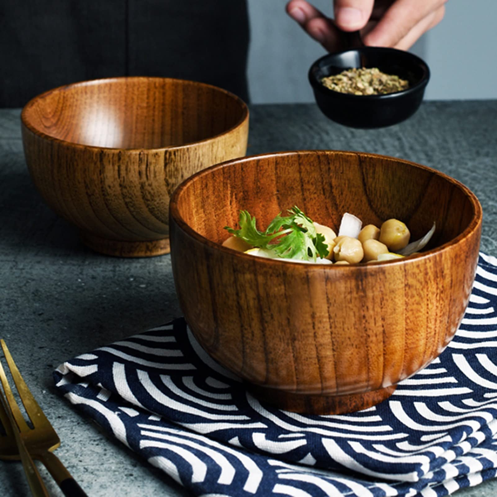 Japanese Wooden Ramen Bowl Set - Handmade for Soup, Salad & Noodles - 6pcs Kids Tableware for Home Dining