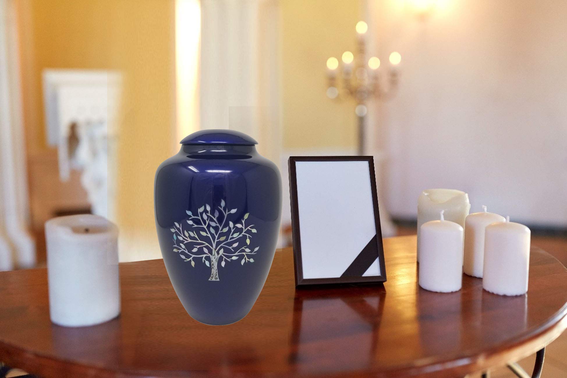 Handcrafted Fiber Glass Cremation Urn - Mother of Pearl Adult Urn for Ashes - Lightweight Funeral Urn with Free Velvet Bag & Ash Bag (Blue Soulful Tree Design) - Perfect for Memorial Services, Home Display & Scattering Ceremonies