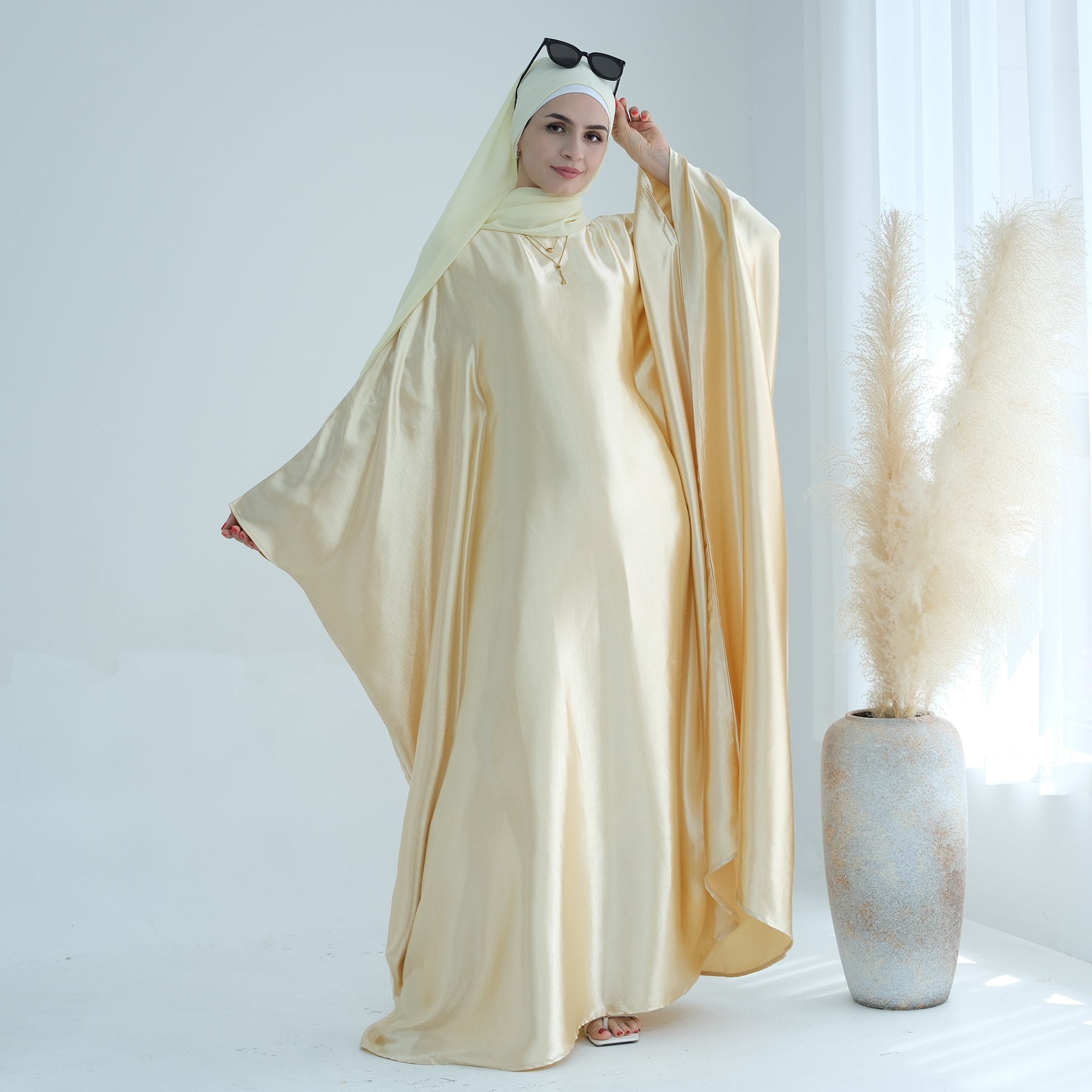 Elegant Alisha Butterfly Satin Abaya Dress - Yellow Gold Islamic Prayer Gown for Women | Perfect for Eid, Ramadan, Wedding & Special Occasions