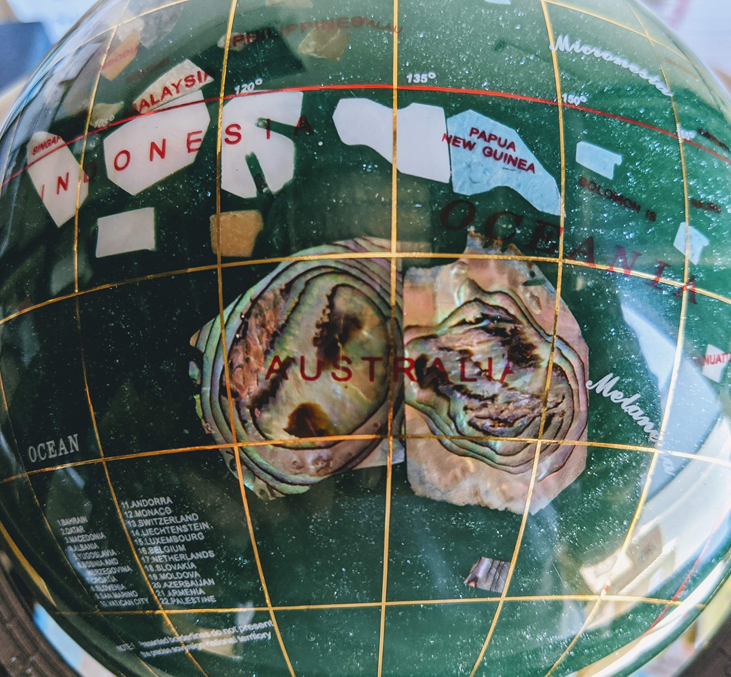 10-Inch Tall Green Crystal and Pearl Ocean Gemstone World Globe with Silver Tripod Stand - Unique Art Tabletop Decor for Home, Office, or Gift - Perfect for Earth Day, Geography Enthusiasts & Meditation Spaces