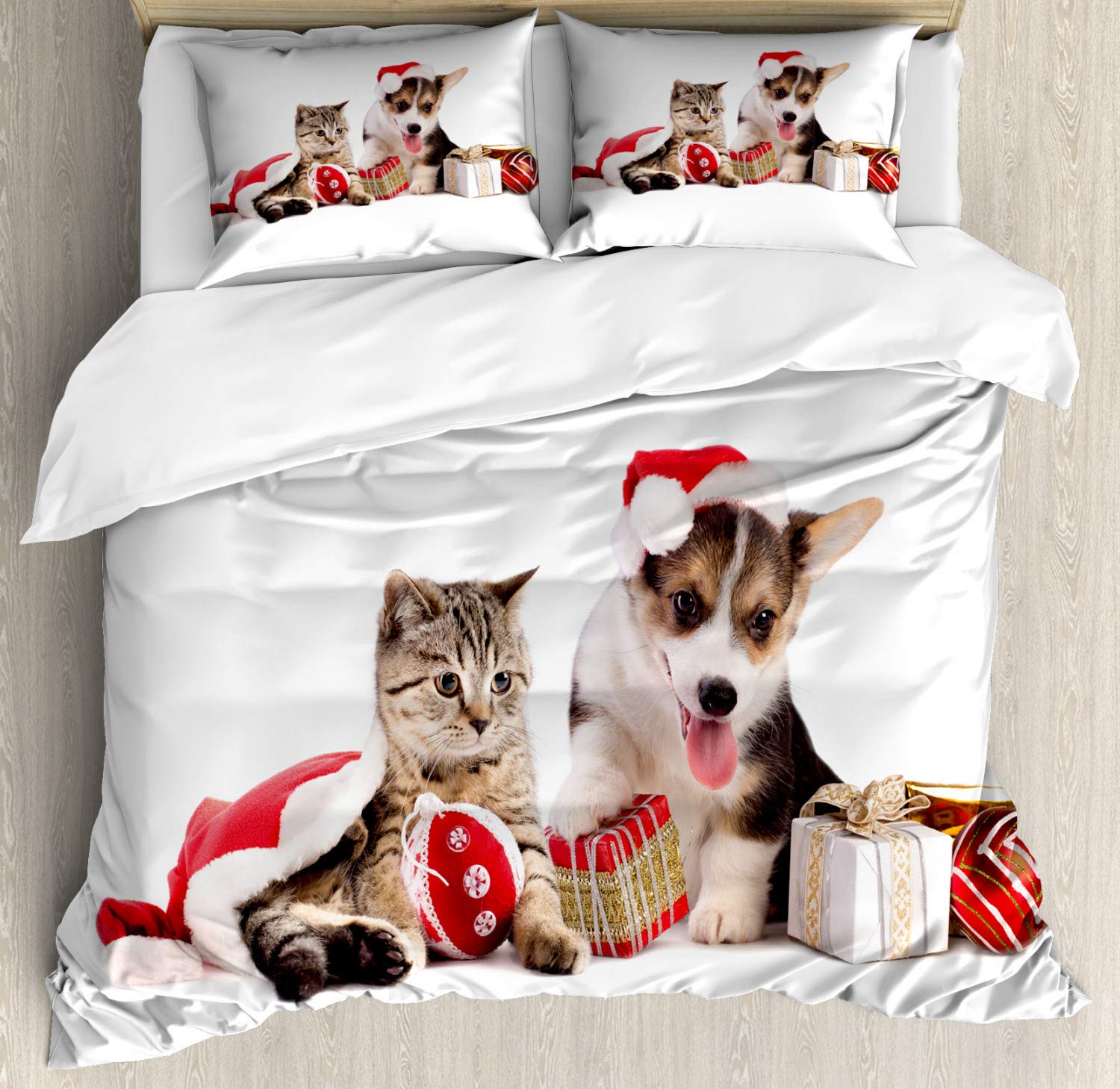 Ambesonne Christmas Duvet Cover Set - King Size 2-Pack with 2 Duvet Covers & 4 Pillowcases - Festive Dog and Cat in Santa Hats with Surprise Boxes Holiday Design - Red White Brown Bedding for Winter Celebrations - Perfect for Christmas Decor, Gift Giving and Cozy Seasonal Bedroom Makeover