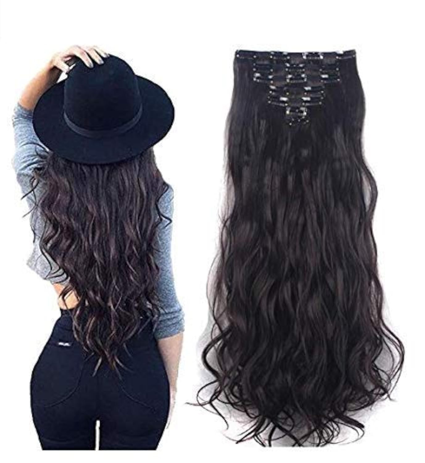 Foreign Holics 24-26 Inch 14 Clips Synthetic Wavy/Curly Hair Extensions for Women - Dark Brown Clip-in Human Hair Wig for Volume & Length - Perfect for Parties, Weddings & Daily Styling