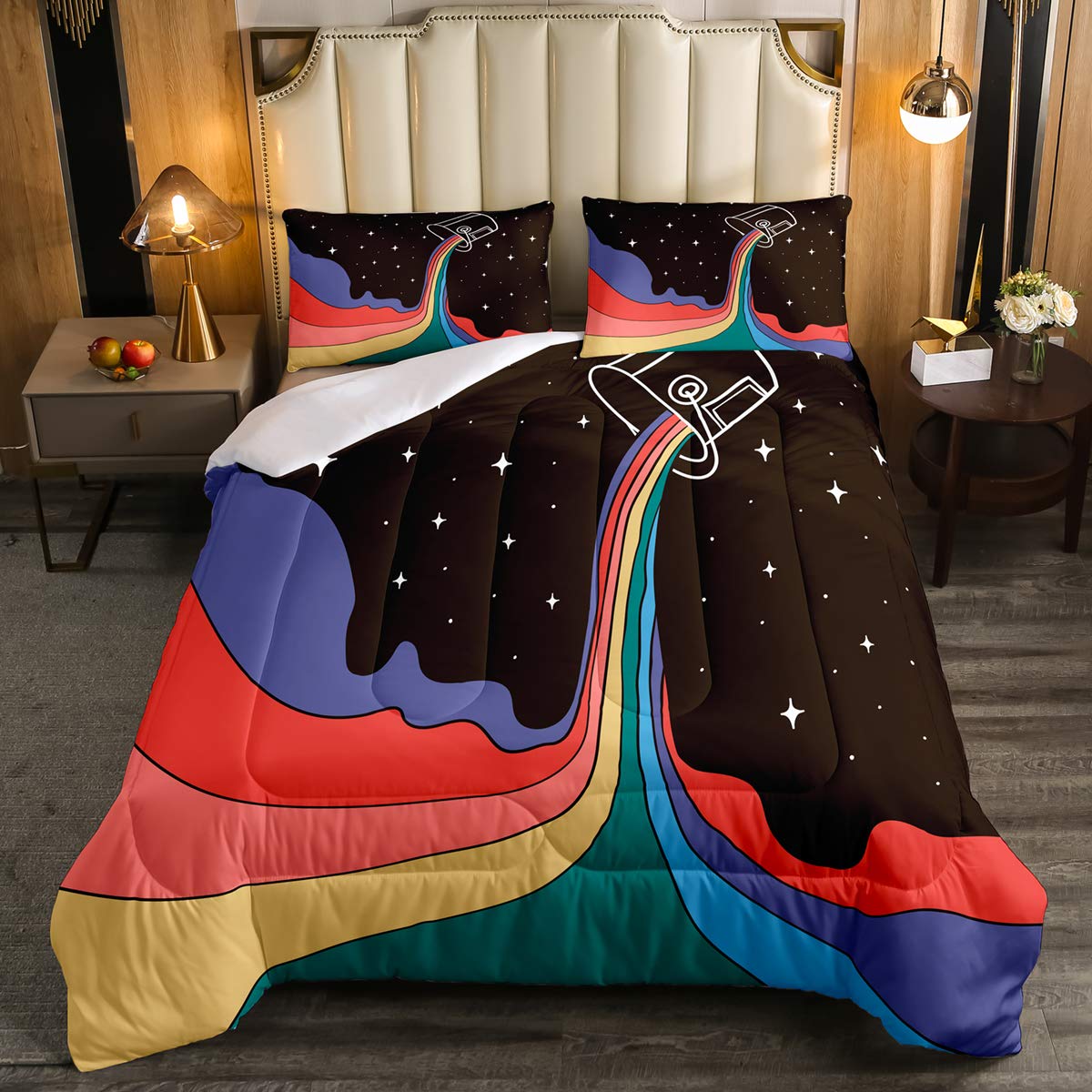 Erosebridal Twin Size Rainbow Comforter Set - Starry Sky Galaxy Bedding with Magic Theme, Iridescent Colorful Black Print Duvet Cover | Lightweight & Breathable Quilt Set for Kids Bedroom, Teen Room Decor, Fantasy Themed Nursery