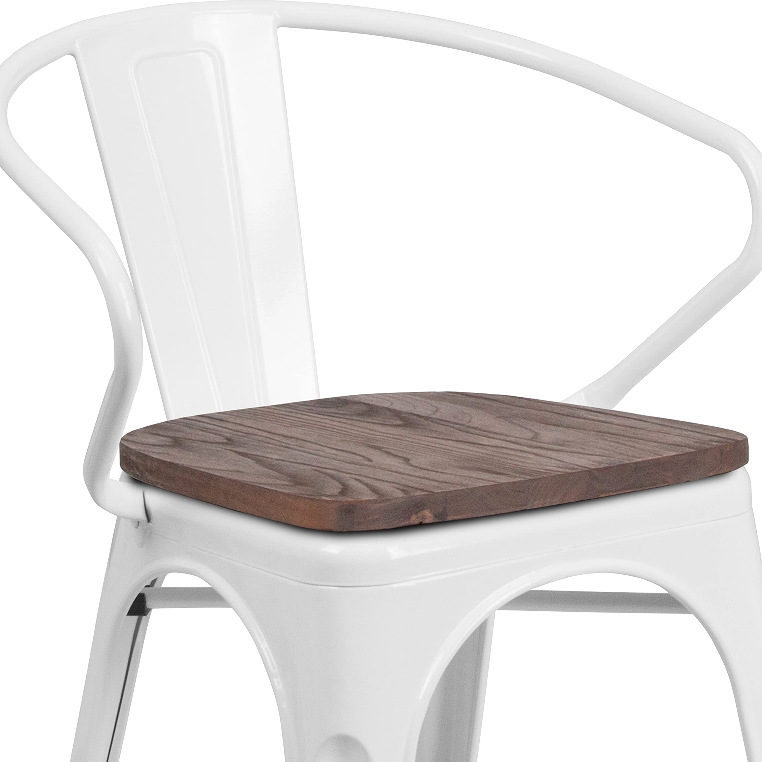 4 Pack White Metal Chairs with Wooden Seats & Arms - Durable Restaurant Furniture for Indoor & Outdoor Dining, Cafes, and Events
