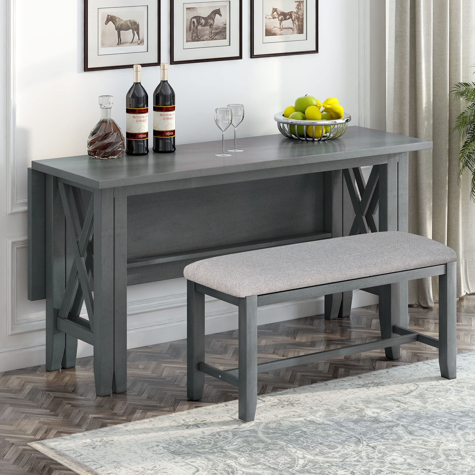 Merax 6-Piece Foldable Solid Wood Dining Set with 4 X-Back Upholstered Chairs and Bench, Grey - Perfect for Kitchen, Dining Room, and Small Spaces