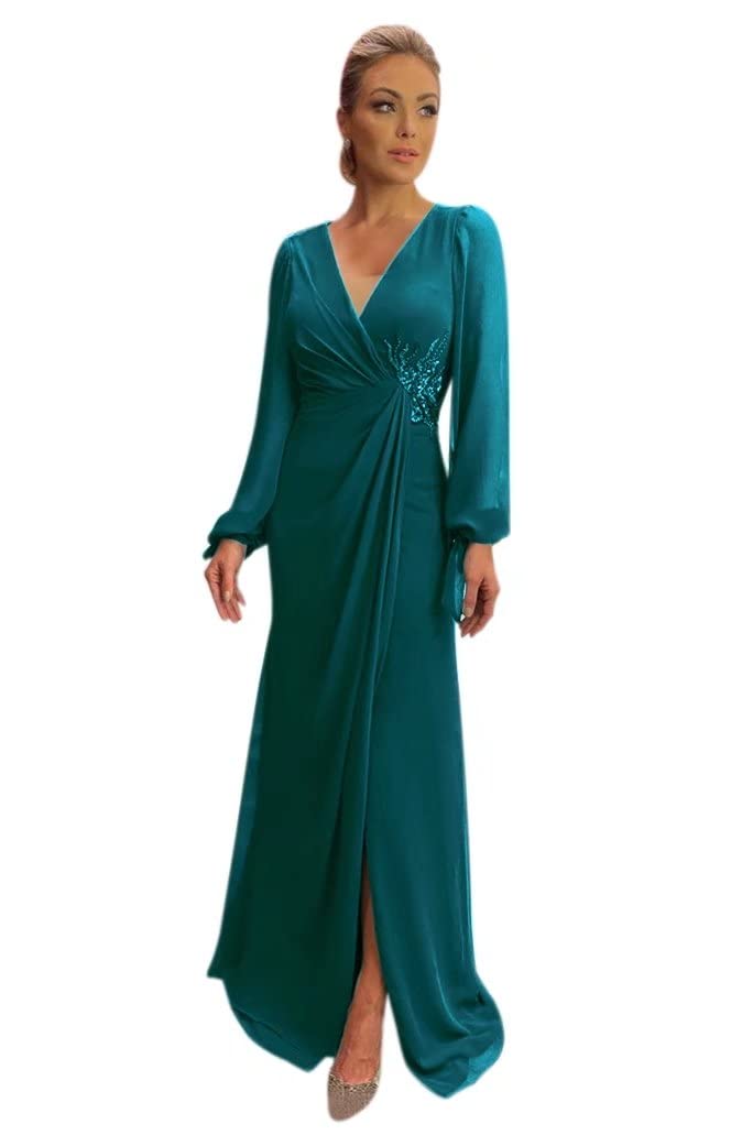 Elegant Chiffon Mother of The Bride Dress - V-Neck Long Sleeve Evening Gown for Wedding, Formal Occasions & Special Events