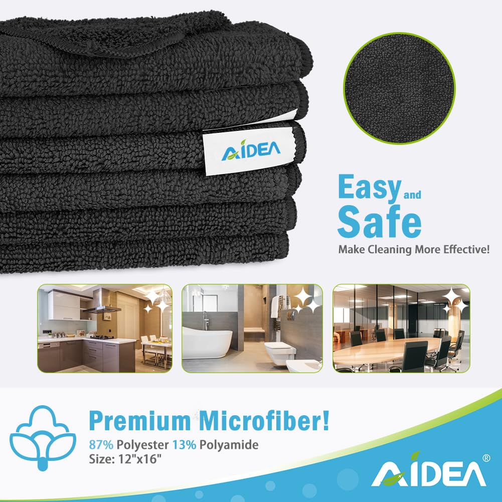 AIDEA 8-Pack Black Microfiber Cleaning Cloths - Ultra Soft, Highly Absorbent, Lint-Free & Streak-Free Cleaning Towels for Cars, Windows, Kitchen & Household Use (12x16 Inches) - Perfect for Car Detailing, Glass Cleaning & Dusting