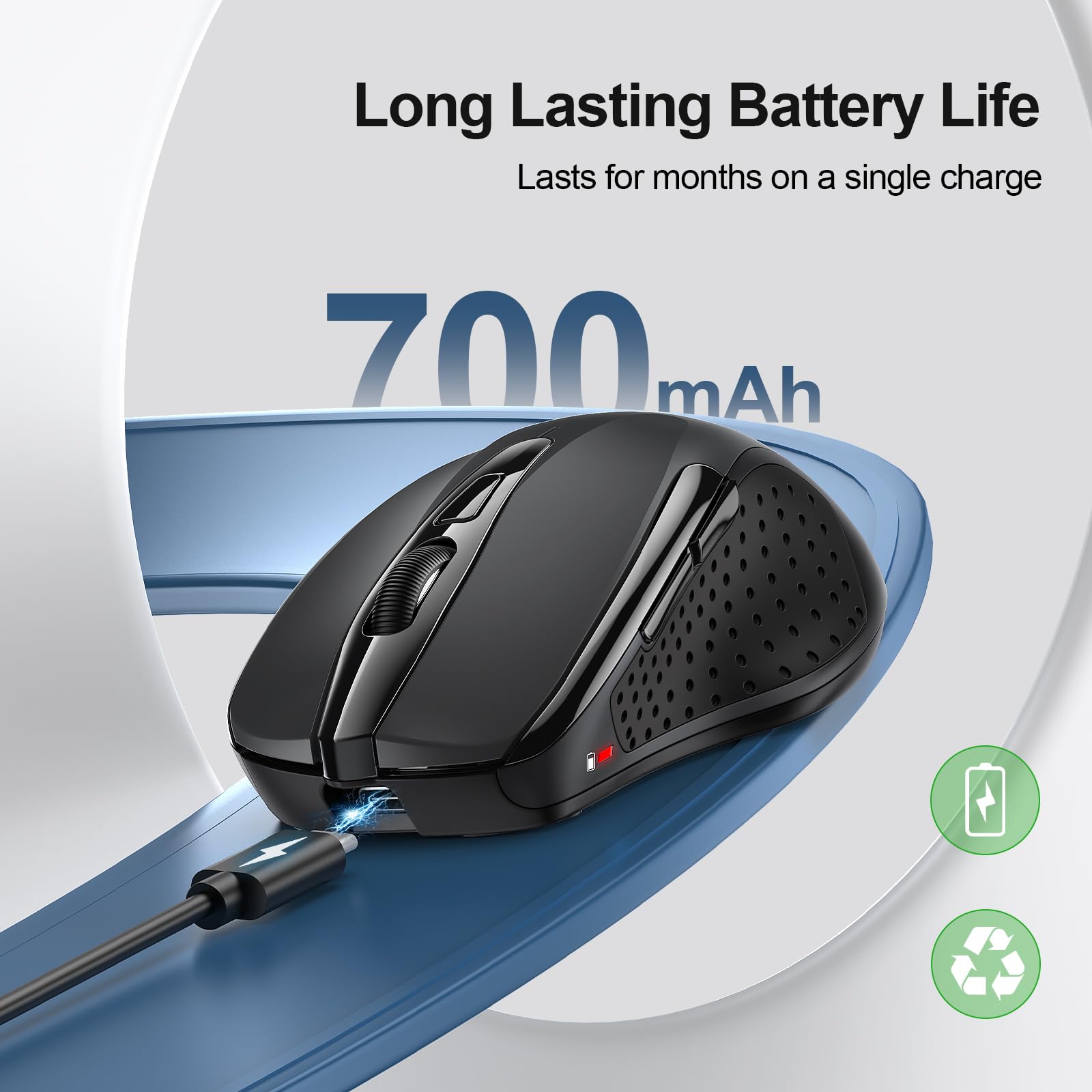 TECKNET Rechargeable Wireless Mouse - 2.4G Silent Ergonomic Mouse with 6 Adjustable DPI up to 4800, Quiet Click for Laptop, Chromebook, PC - Perfect for Office, Home & Travel Use - Black