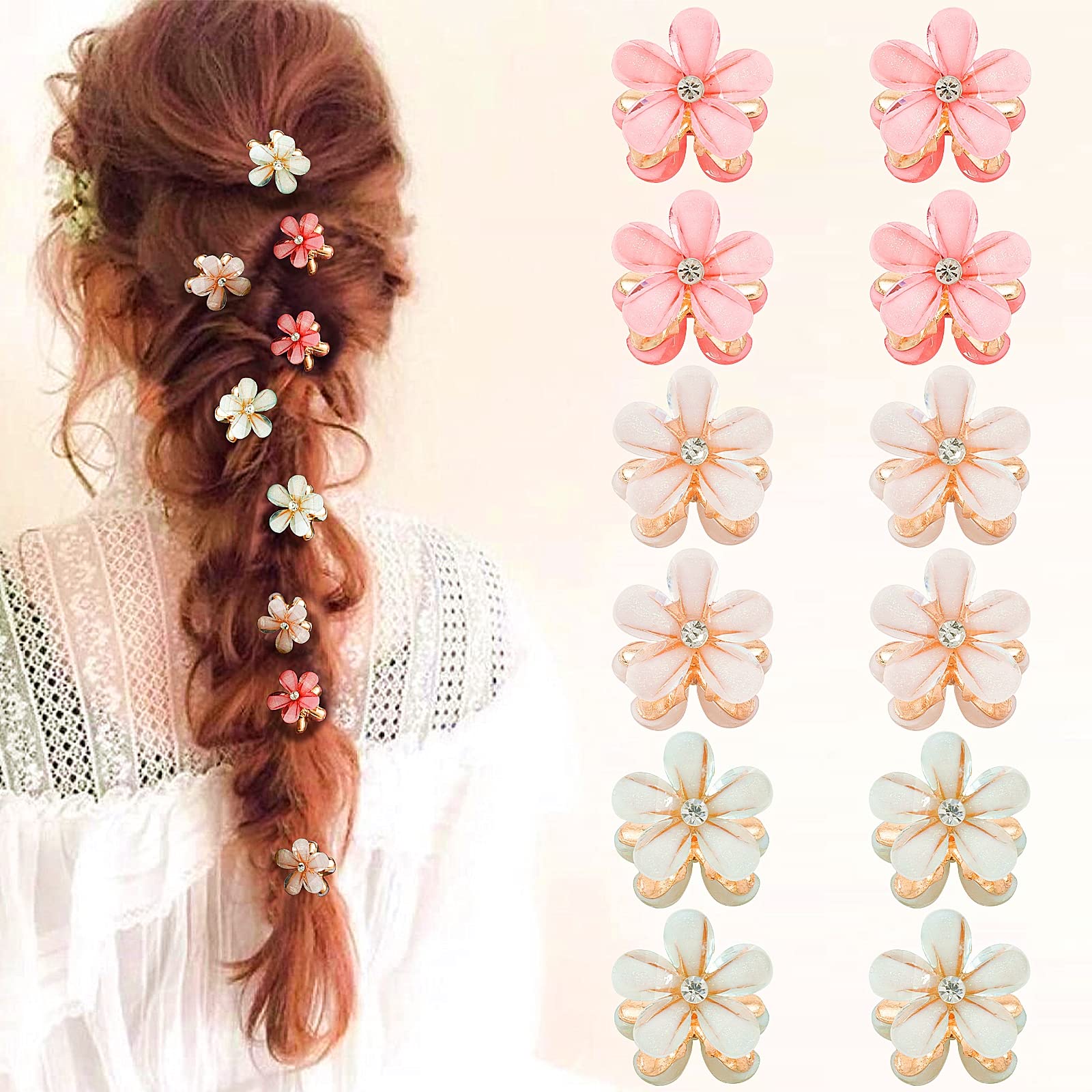 12pcs Mini Decorative Flower Hair Clips in 3 Colors - Tiny Claw Clips for Thin Hair, Cute Hair Accessories for Girls and Women - Perfect for School, Parties, Weddings & Everyday Styling