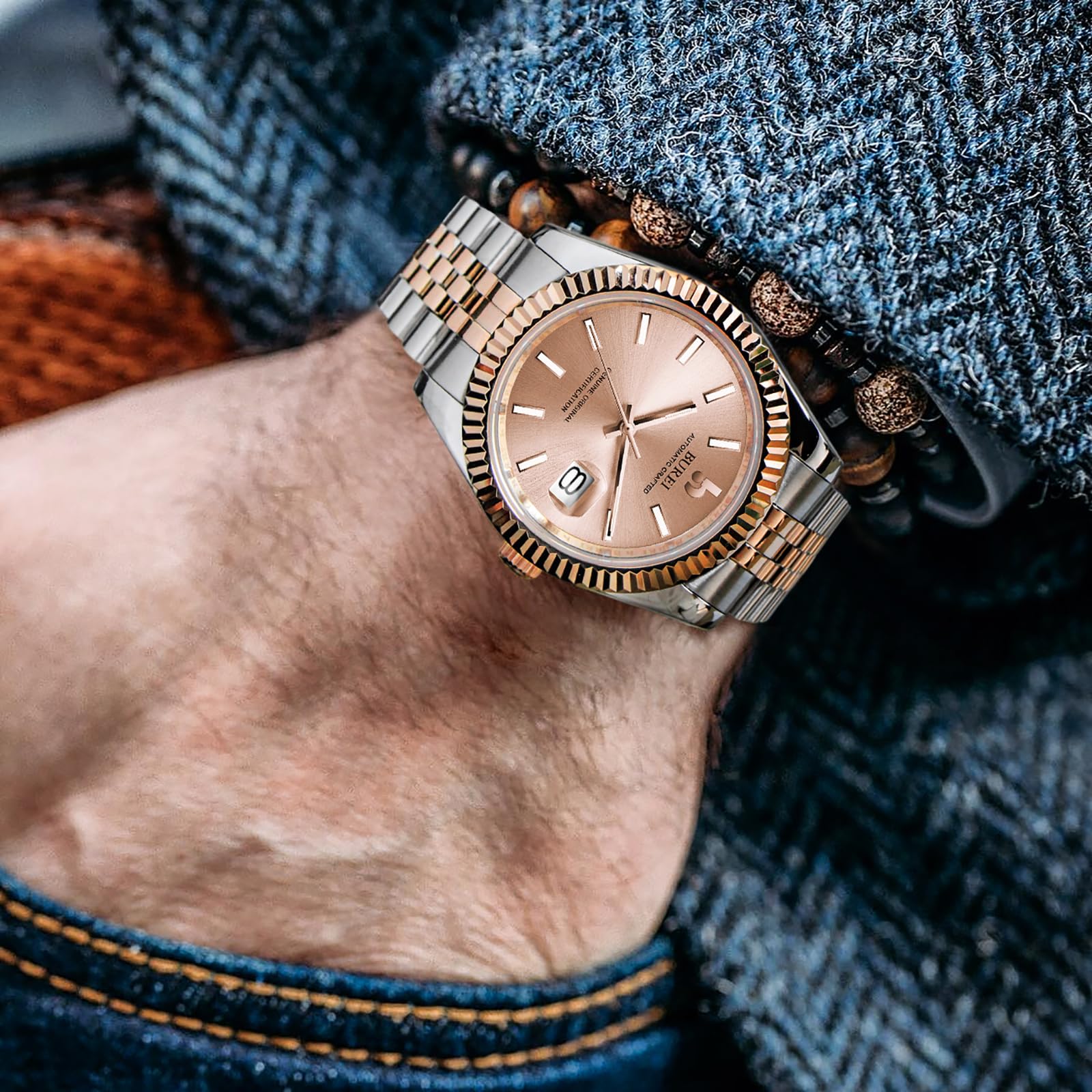 BUREI Men's Luxury Stainless Steel Waterproof Watch with Sapphire Crystal - Classic Analog Date Display for Business, Formal & Casual Wear