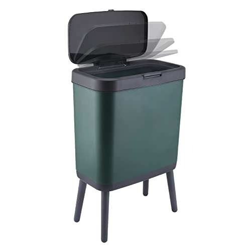 Stainless Steel Trash Can with Lid - 15L Plastic Garbage Bin with Push Button, Slim Modern Waste Basket for Kitchen, Bedroom, Bathroom, Living Room & Office - Dog Proof Design, Space Saving & Odor Control (Green) - Perfect for Small Spaces, Apartments & Pet-Friendly Homes