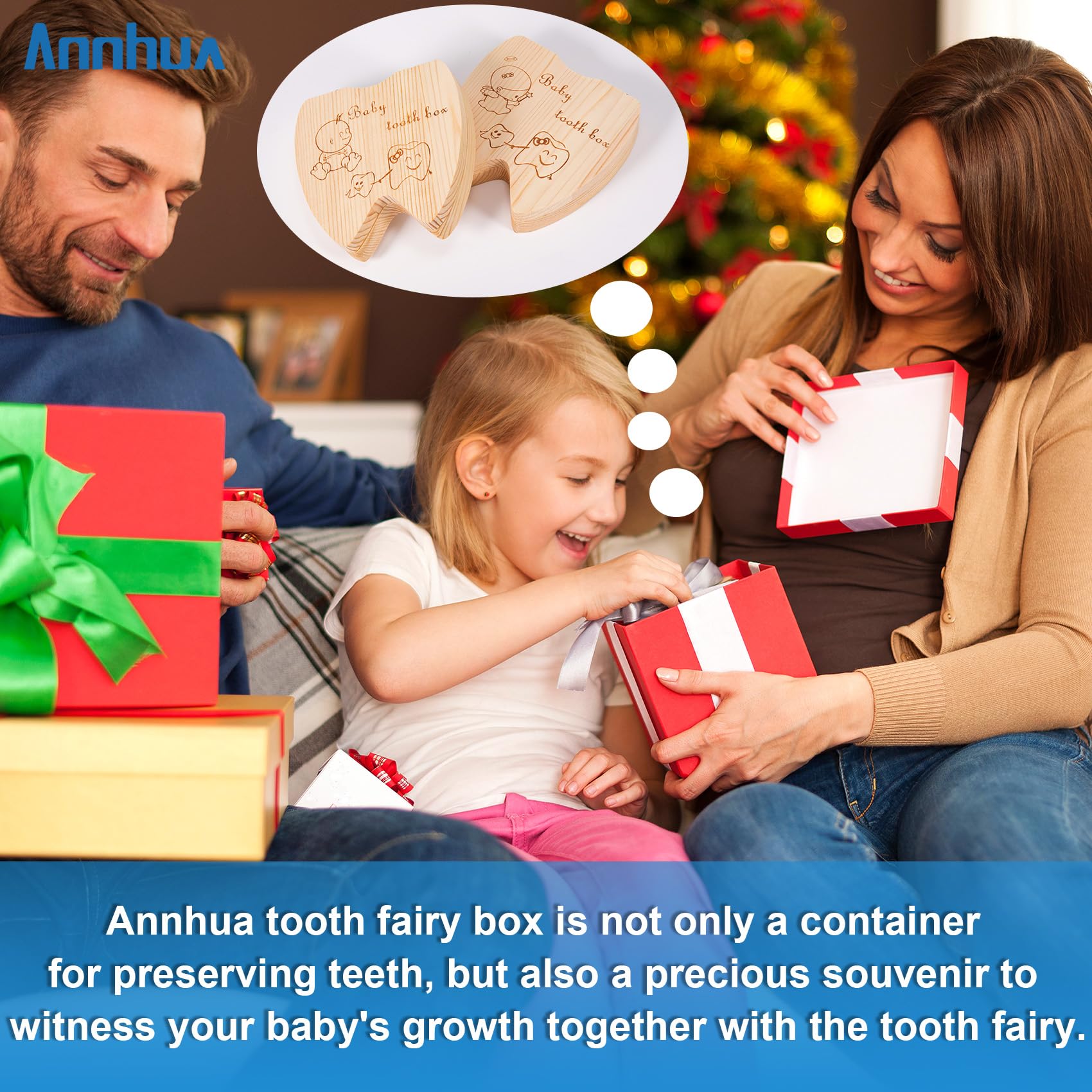 AnnHua Wooden Tooth Fairy Box for Boys - Baby Tooth Keepsake Storage for 20 Milk Teeth, Umbilical Cord & Fetal Hair with Memory Book - Perfect Baby Shower Gift & Childhood Memory Preservation