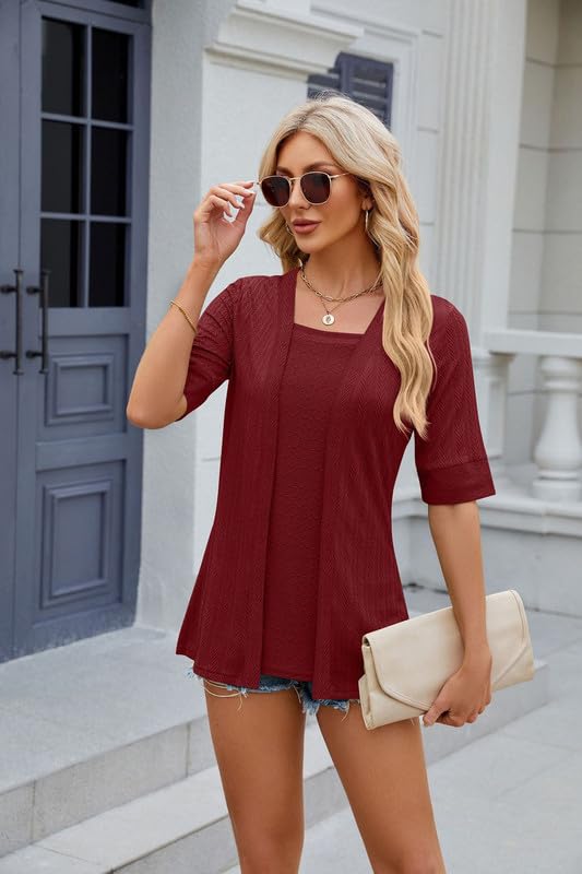 Women's Casual Short Sleeve Tunic Top - Square Neck Pullover Blouse with Layered Two-Piece Look, Elegant Cardigan Style for Office Wear & Summer Outfits | Perfect for Work, Date Nights and Weekend Brunch