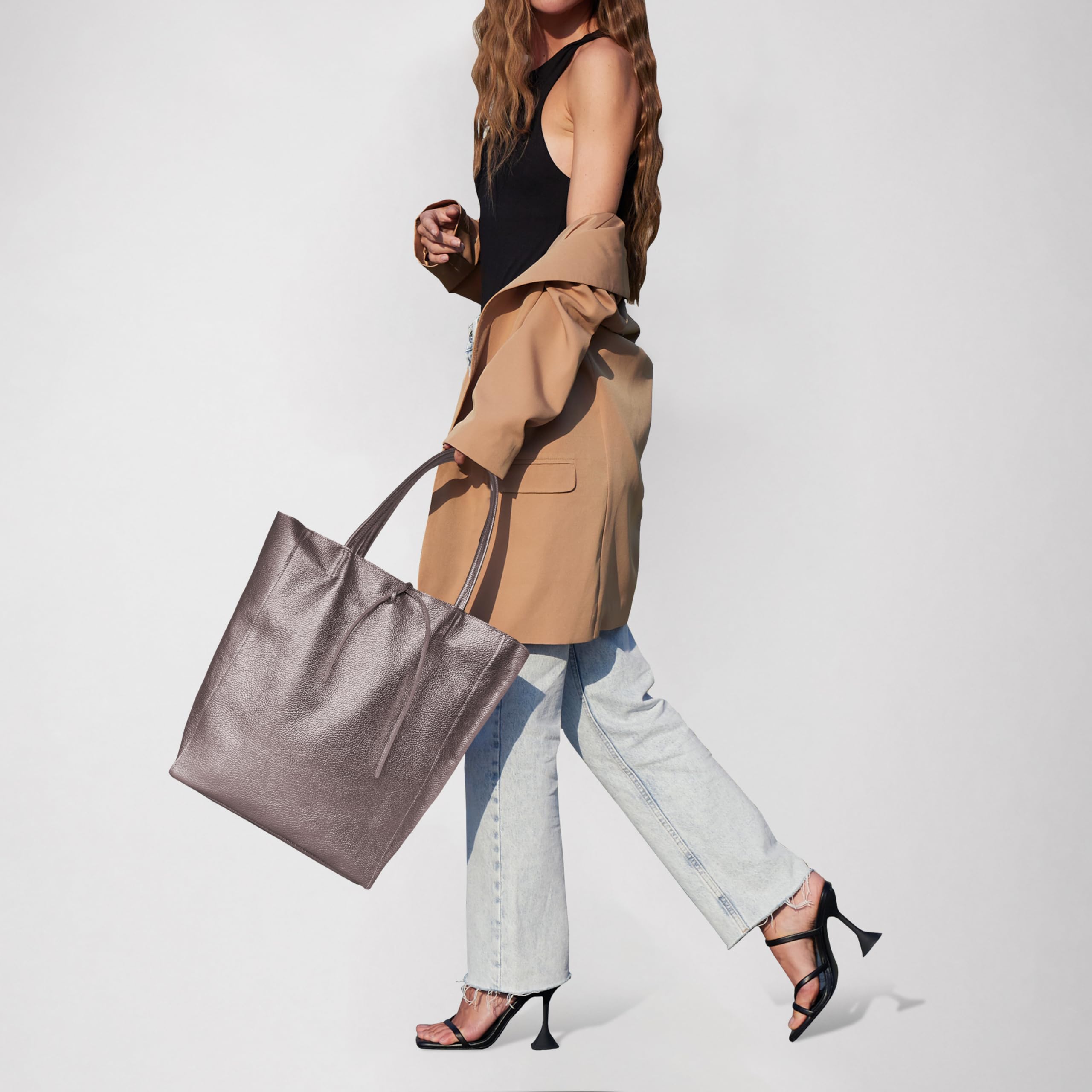 Genuine Italian Metallic Leather Tote Bag for Women - Large Zippered Handbag for Work, Travel & Shopping | Stylish Everyday Purse & Professional Office Bag