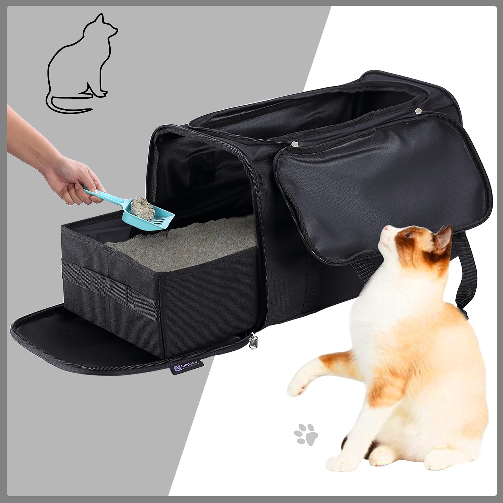 Portable Foldable Cat Litter Box - 2-in-1 Travel Litter Tray for Cats, Lightweight & Compact Design - Perfect for Car Trips, Camping & Outdoor Adventures (Black)