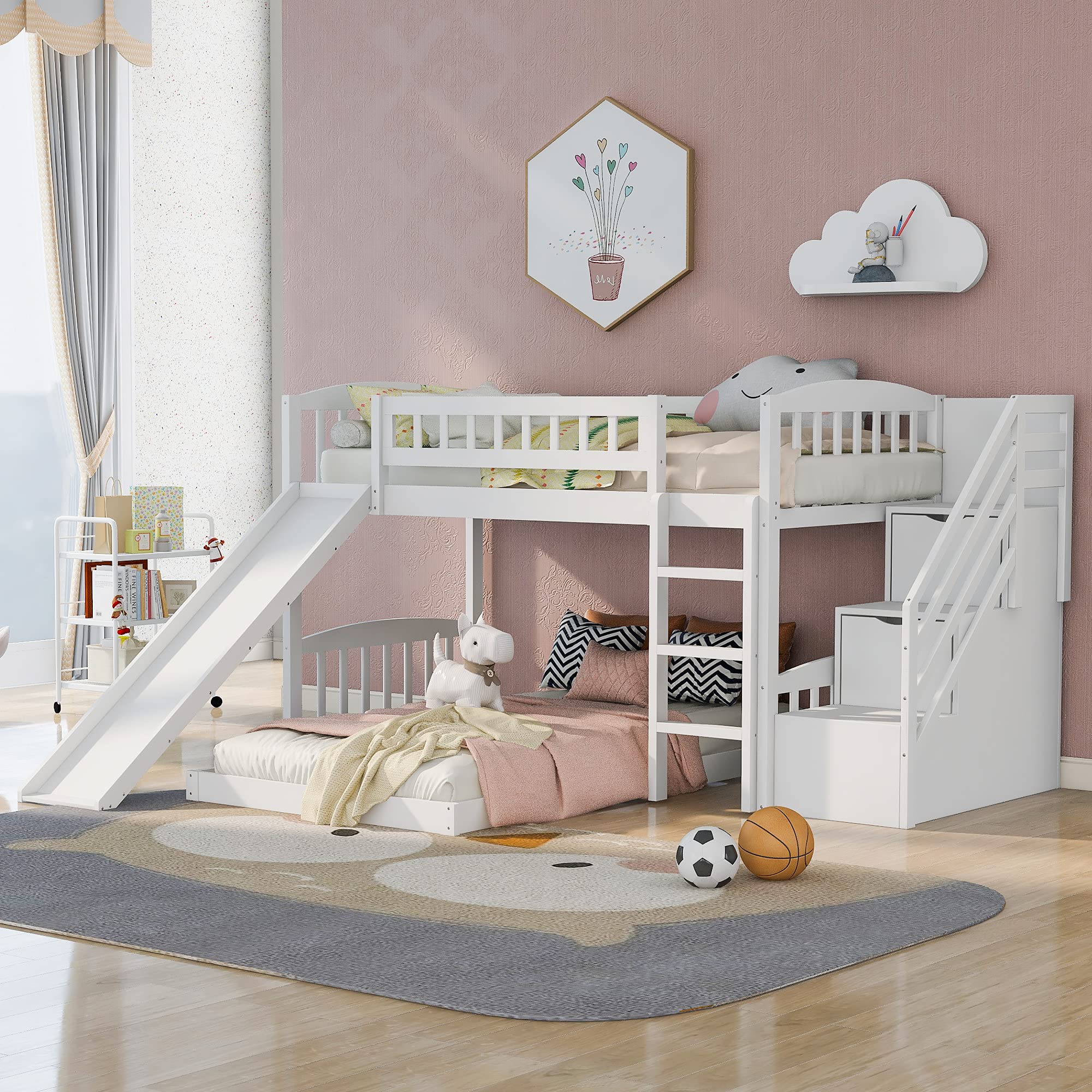 Stairway Bunk Bed with 2 Storage Drawers & Ladder | Twin Over Twin Loft Bed Frame with Convertible Slide & Full-Length Guardrails | No Box Spring Needed | Perfect for Kids' Bedroom, Dorm Room or Small Space (White)