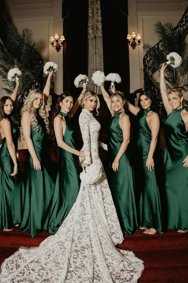 Elegant Dark Green Halter Bridesmaid Dress - Satin Pleated Sleeveless Gown for Weddings, Formal Events & Special Occasions