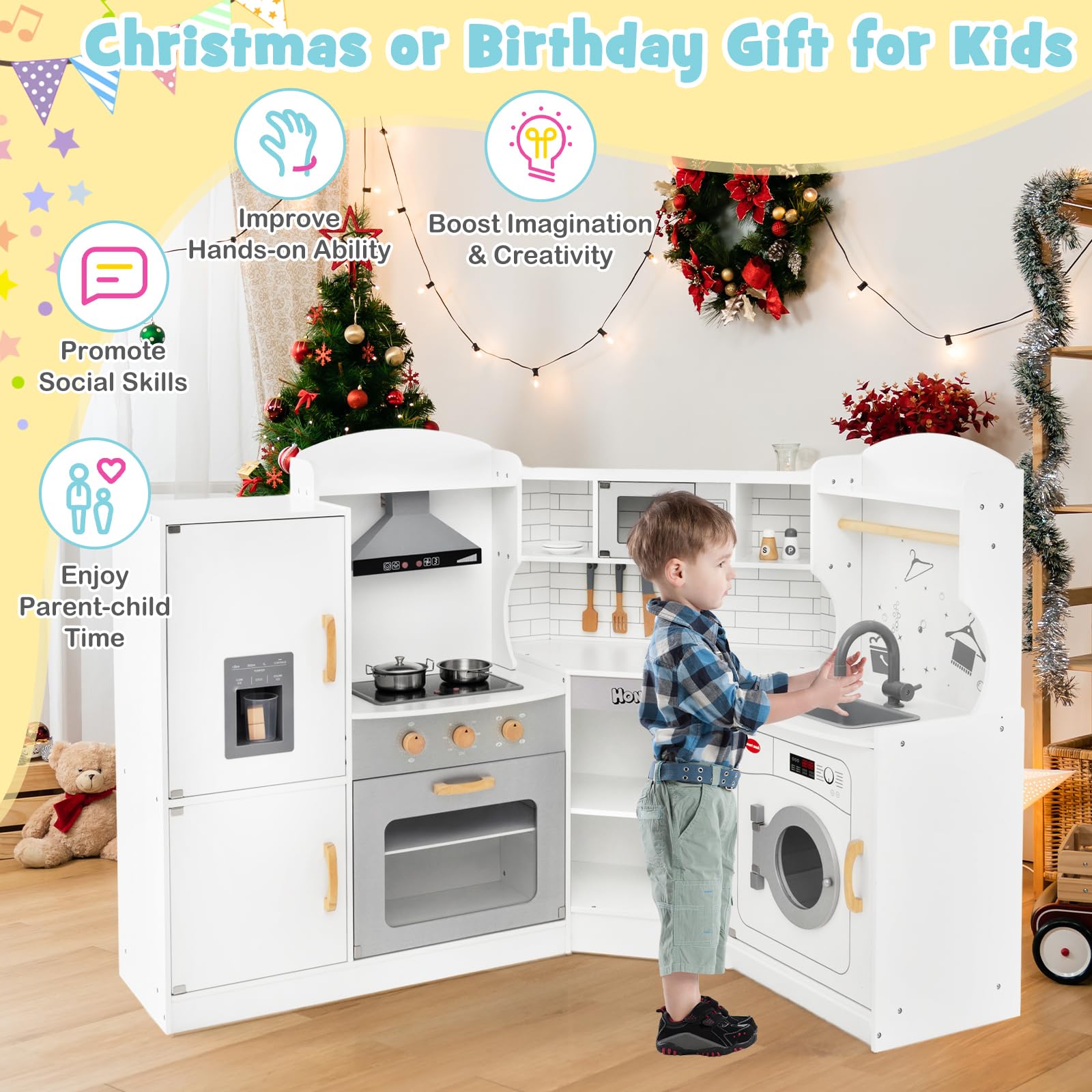 HONEY JOY Wooden Play Kitchen Set for Toddlers - Pretend Cooking Toy with Sink & Microwave for Kids Playroom