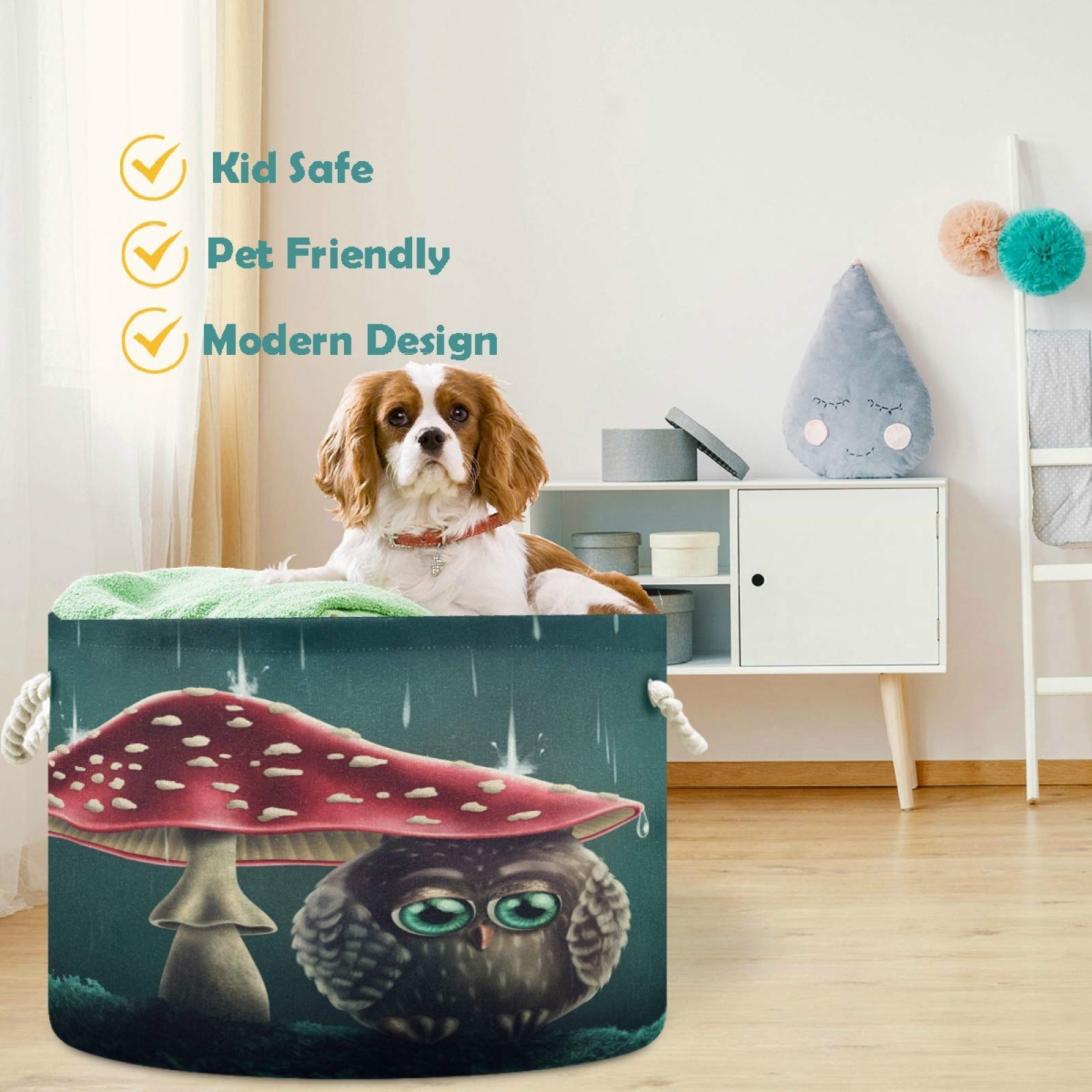 Visesunny Owl Storage Basket - Mushroom-Themed Canvas Fabric Toy Organizer Bin for Kids' Room, Playroom, Shelves & Laundry | Nursery Decor, Toy Storage Solution, Cute Animal Hamper for Bedroom Organization