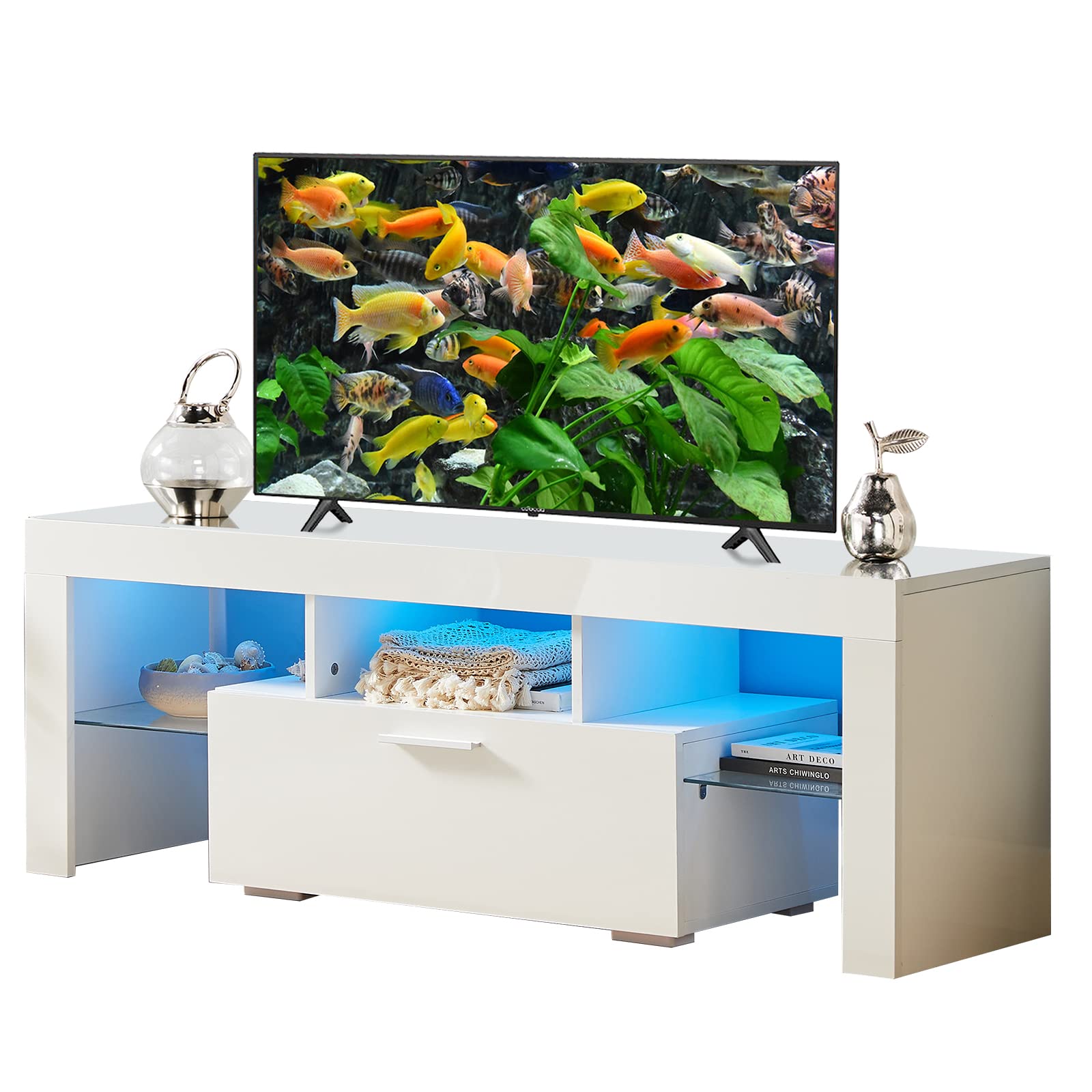 Modern White TV Stand with 16-Color LED Lights & Storage Cabinet - High Gloss Entertainment Center for 50-55 Inch TVs - Quick 30-Min Assembly - Perfect for Living Room & Bedroom Home Theater Setup