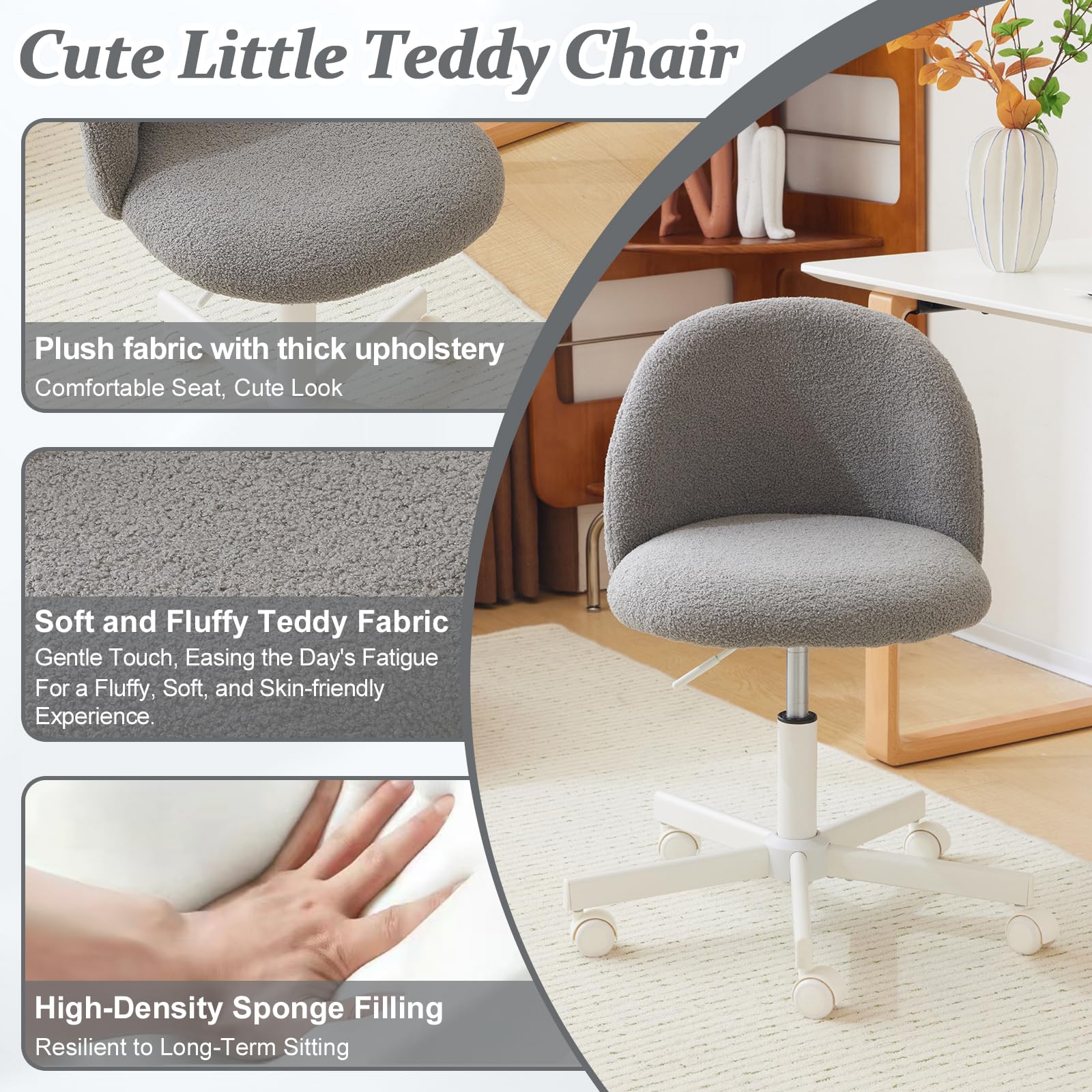 VINGLI Armless Cute Teddy Bear Desk Chair with Wheels - Adjustable Swivel Office Chair with Lumbar Support, Comfortable Small Computer Task Chair for Home Office, Bedroom & Vanity (Muted Grey) - Perfect for Work, Study & Gaming Sessions