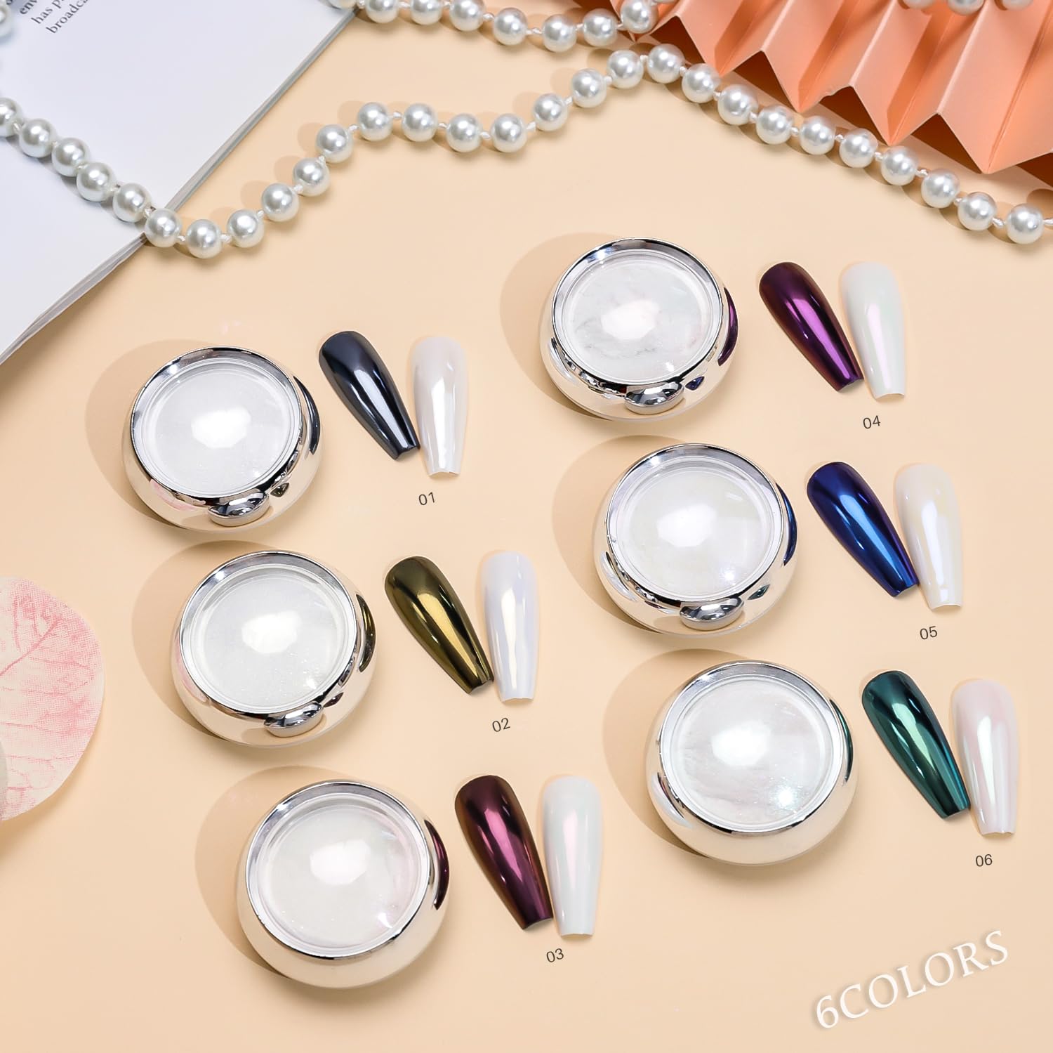 6 Pcs White Chrome Pearl Effect Nail Powder - Mirror Glitter Dust for Nail Art Designs | DIY Manicure, Salon Nail Decoration & Party Makeup Accessories