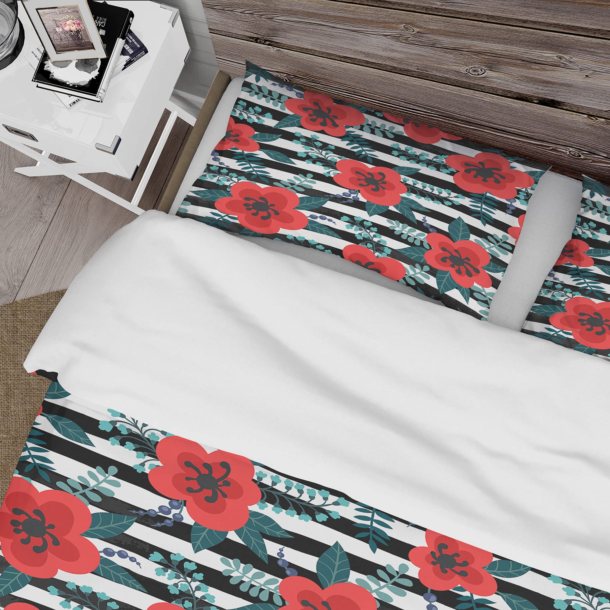 DesignQ Floral Duvet Cover Set - Red Flowers with Leaves, Branches and Berries | Queen/King Size Bedding | Perfect for Spring & Summer Home Decor