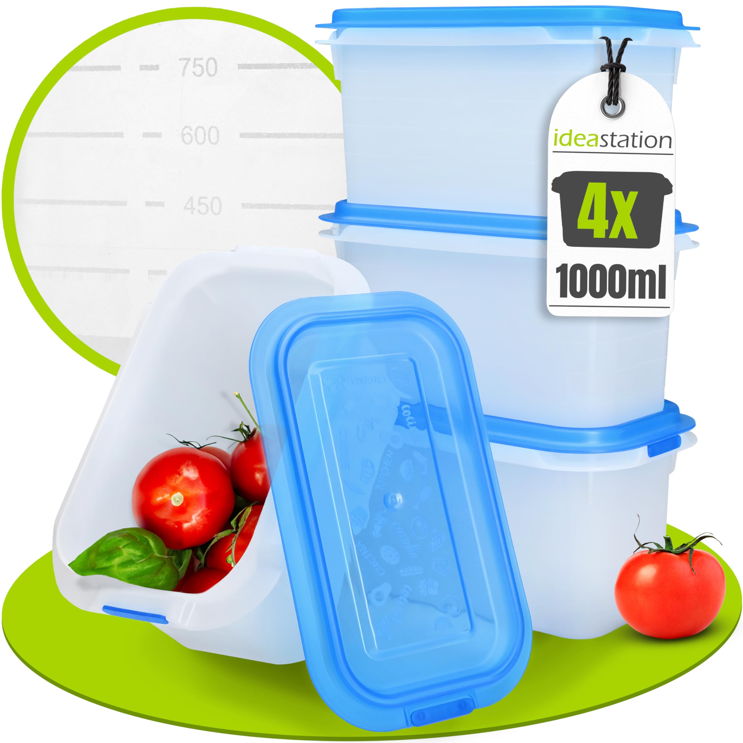 4-Piece 1000ml Stackable Freezer Containers with Lids - Shatterproof Food Storage Set for Meal Prep, Leftovers & Freezing - Ideal for Kitchen, Office & Picnics